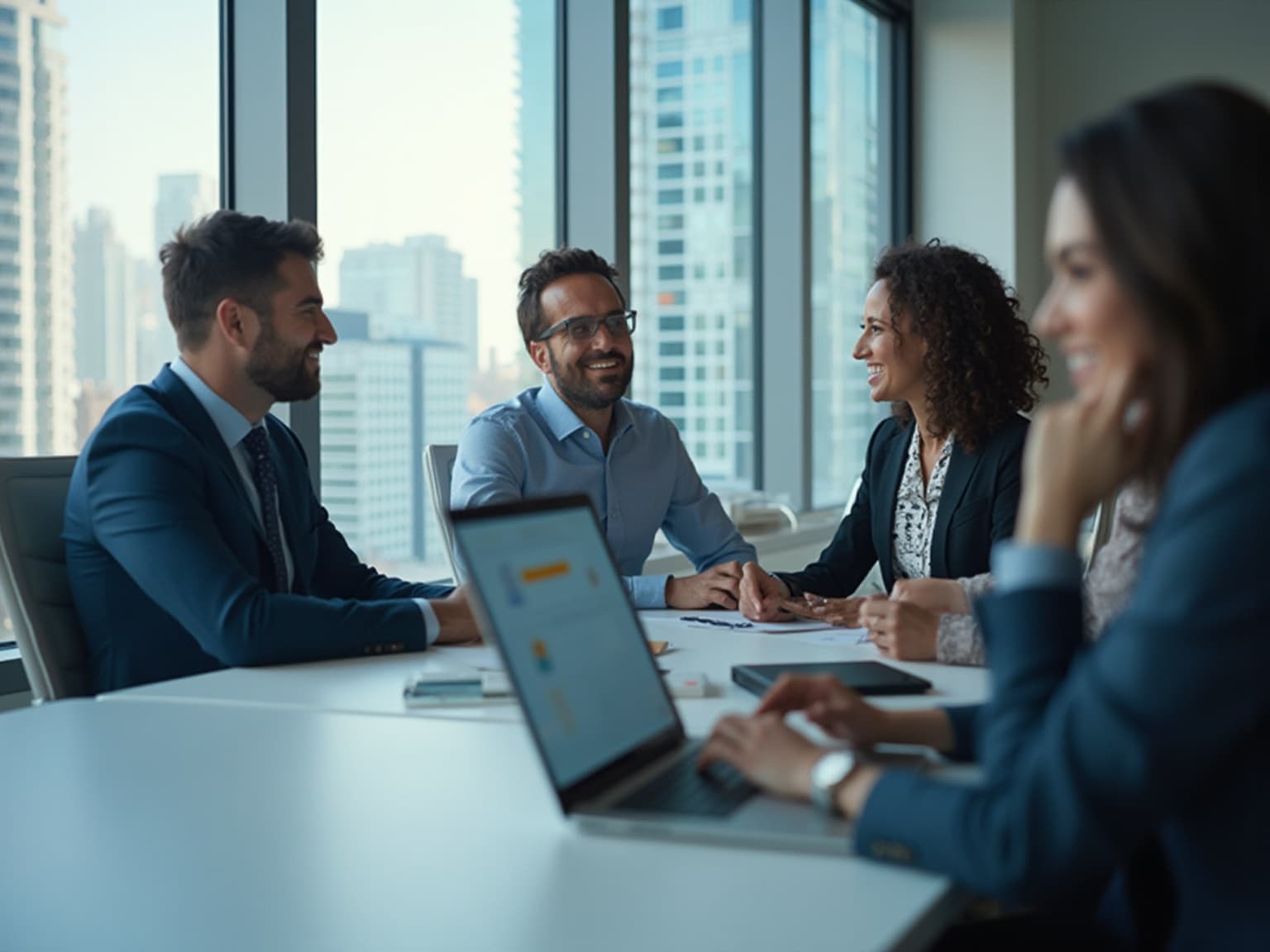 Smiling colleagues at a boardroom table with city towers through the windows