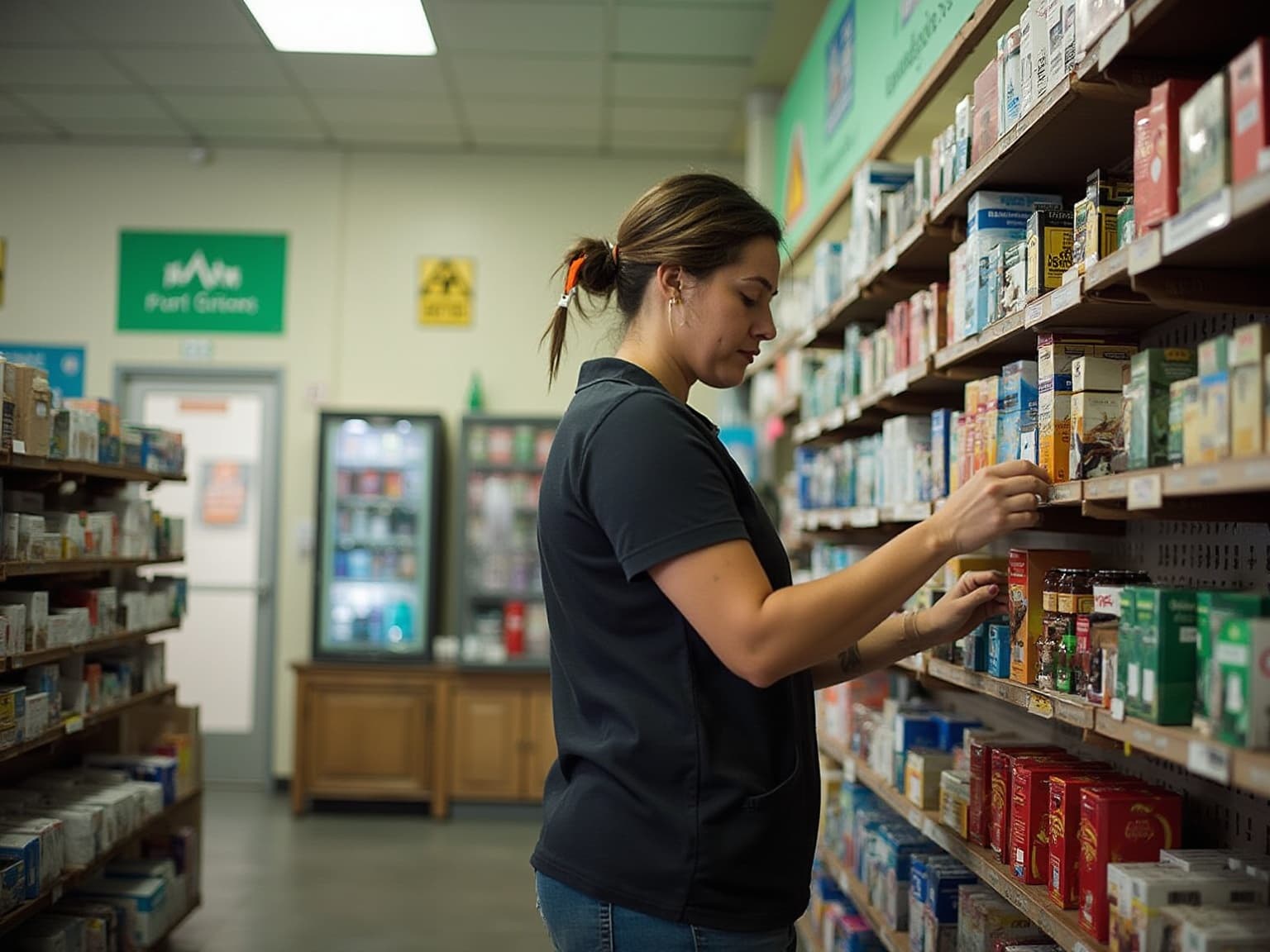 Shop worker stocking packaged tobacco products on store shelves