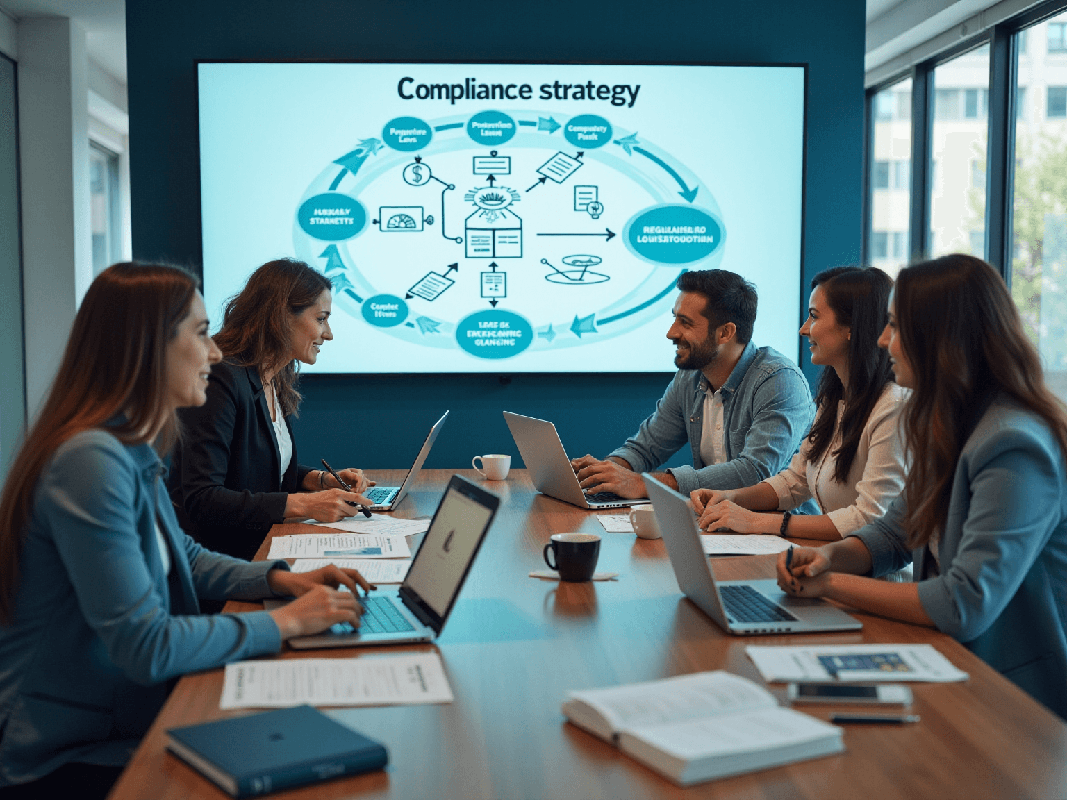 Team at a conference table with a wall screen showing a compliance strategy diagram