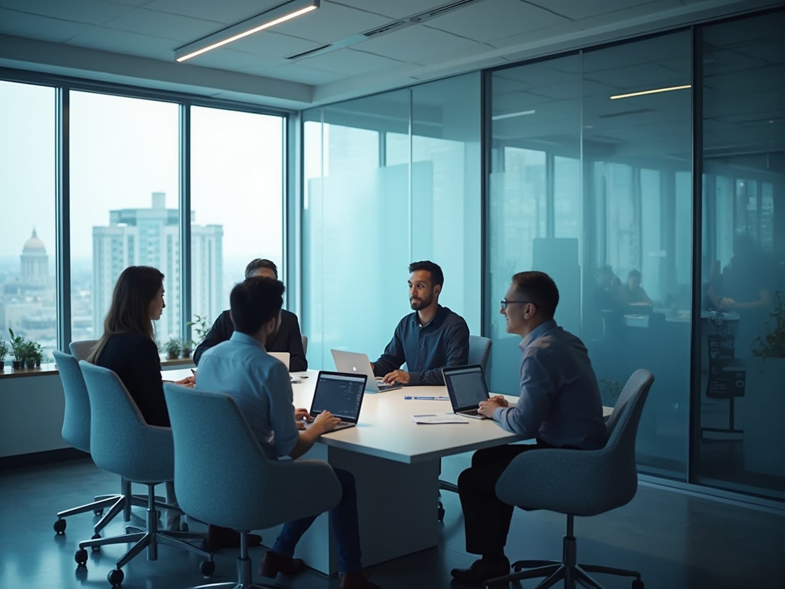 Team at a white table with laptops in a glass-walled office overlooking a city