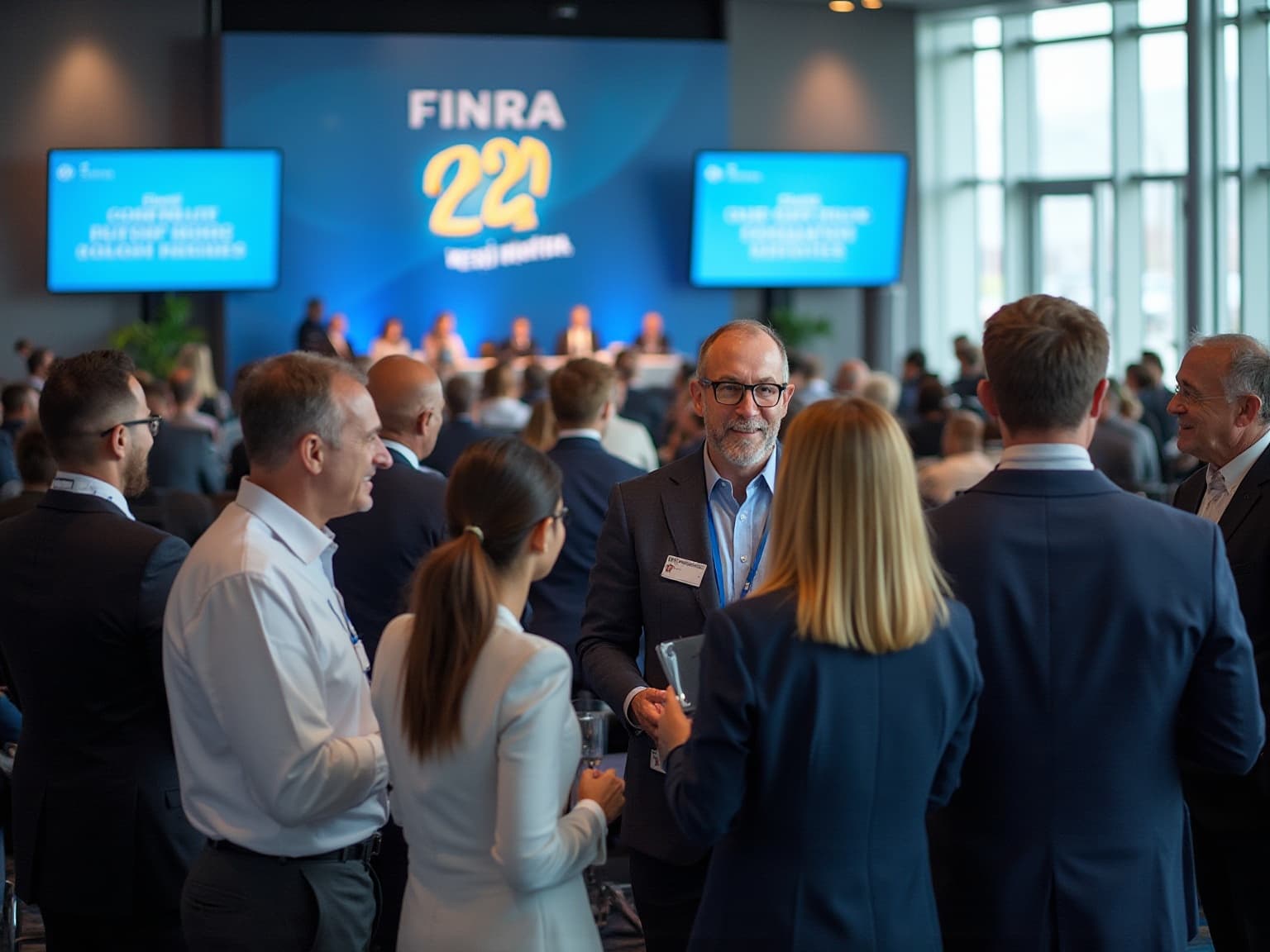 Conference attendees mingling in a hall beneath a large FINRA 2024 screen