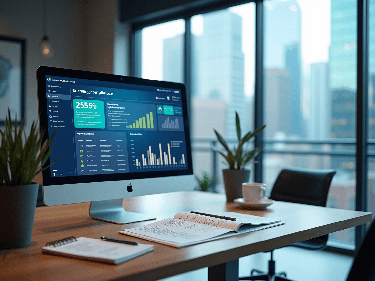 Monitor on an office desk showing a green Inspack-style dashboard titled Branding compliance