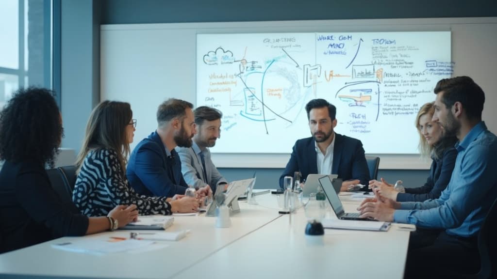 Team at a conference table in front of a whiteboard covered with diagrams and notes