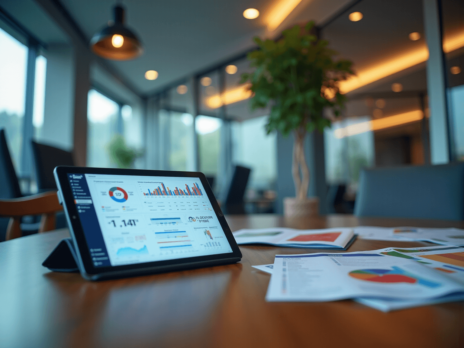Tablet on a wooden table showing a dashboard of charts and gauges, with printed reports beside it