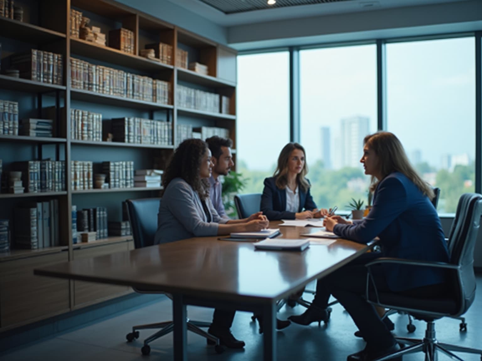 Team at a wooden conference table in a book-lined office, with a city view