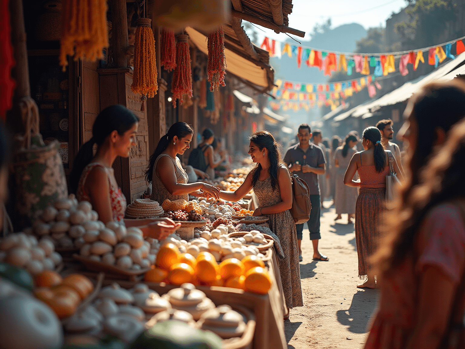 Outdoor market stalls piled with oranges, rolls and produce, with shoppers under colorful bunting