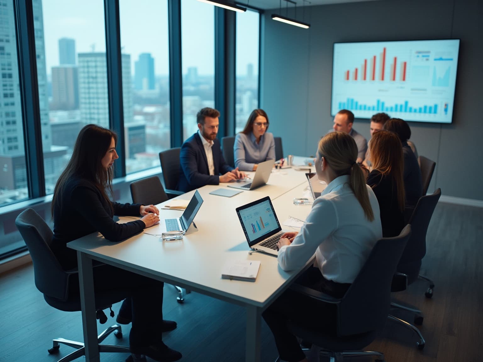 Team at a round table with laptops, watching a bar chart on a wall screen