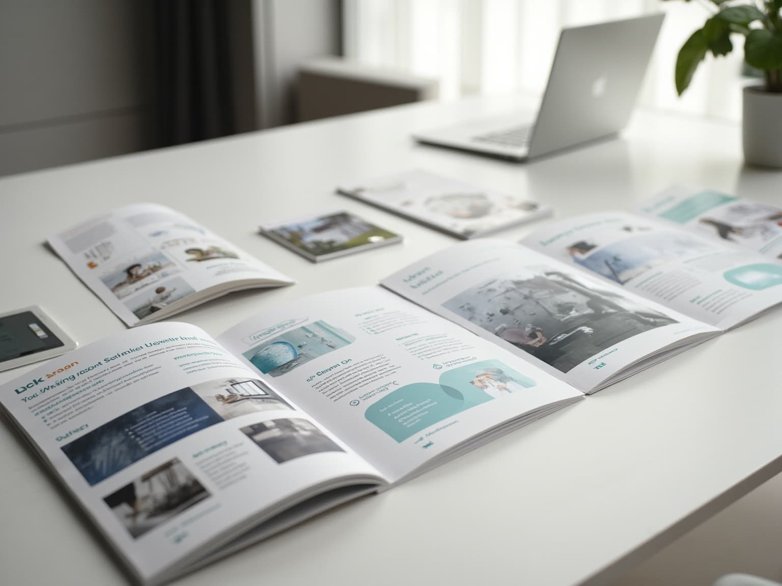 Open brochures with teal accents and photos fanned across a white desk, a laptop behind