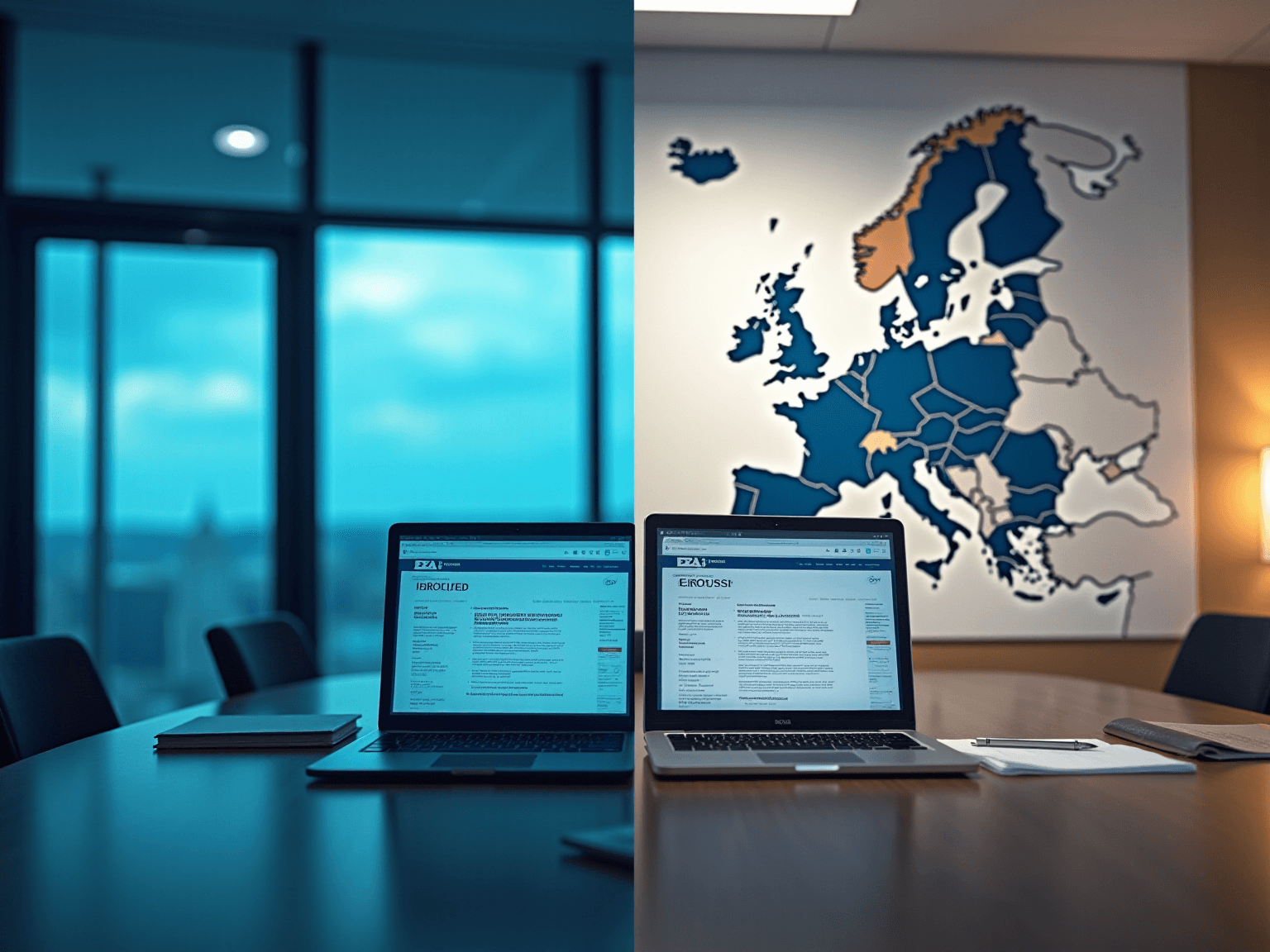 Two laptops on a table in front of a wall map of Europe, with regulatory documents on the screens