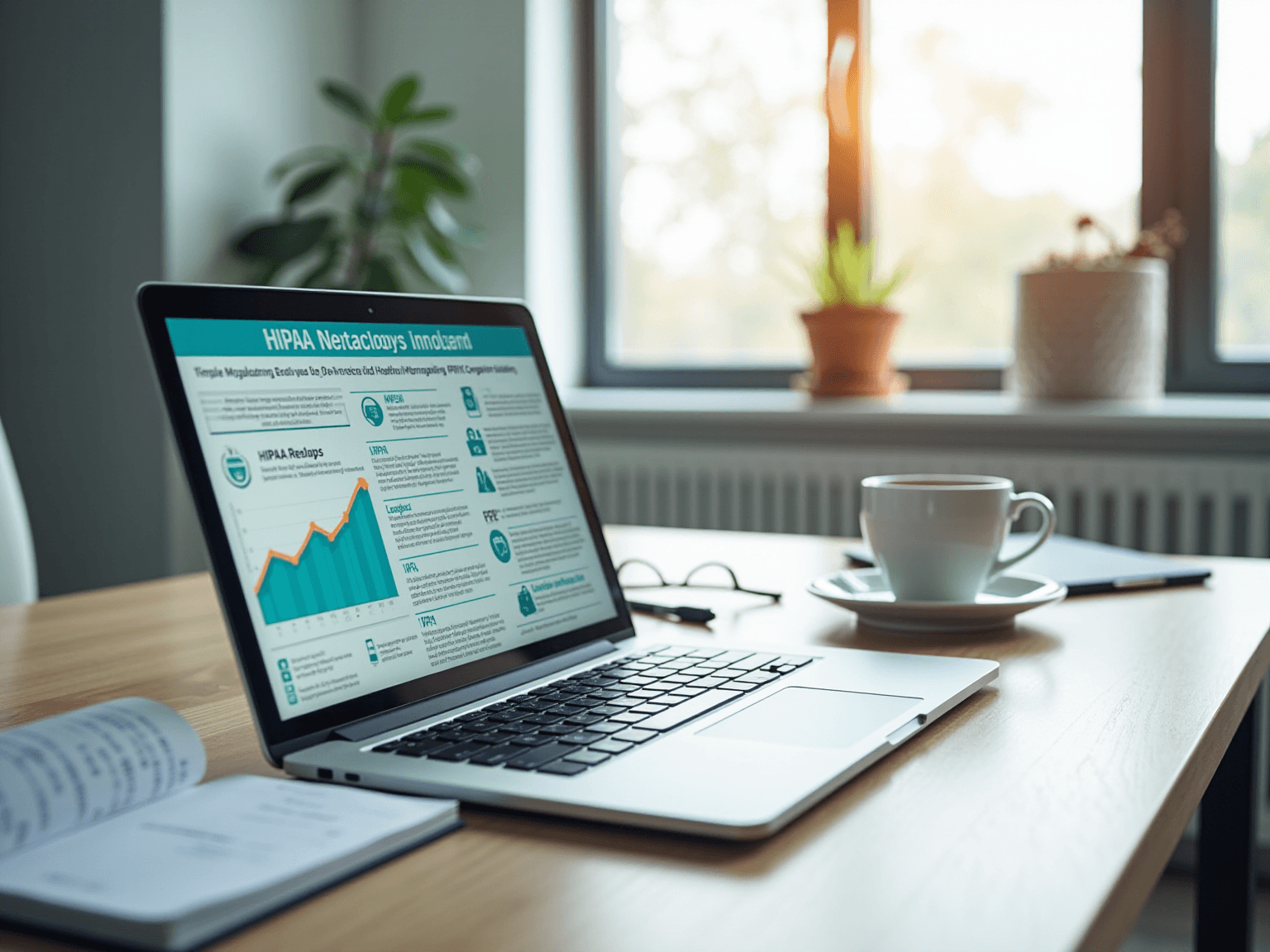 Laptop showing a HIPAA regulations infographic with a teal header and a rising bar chart