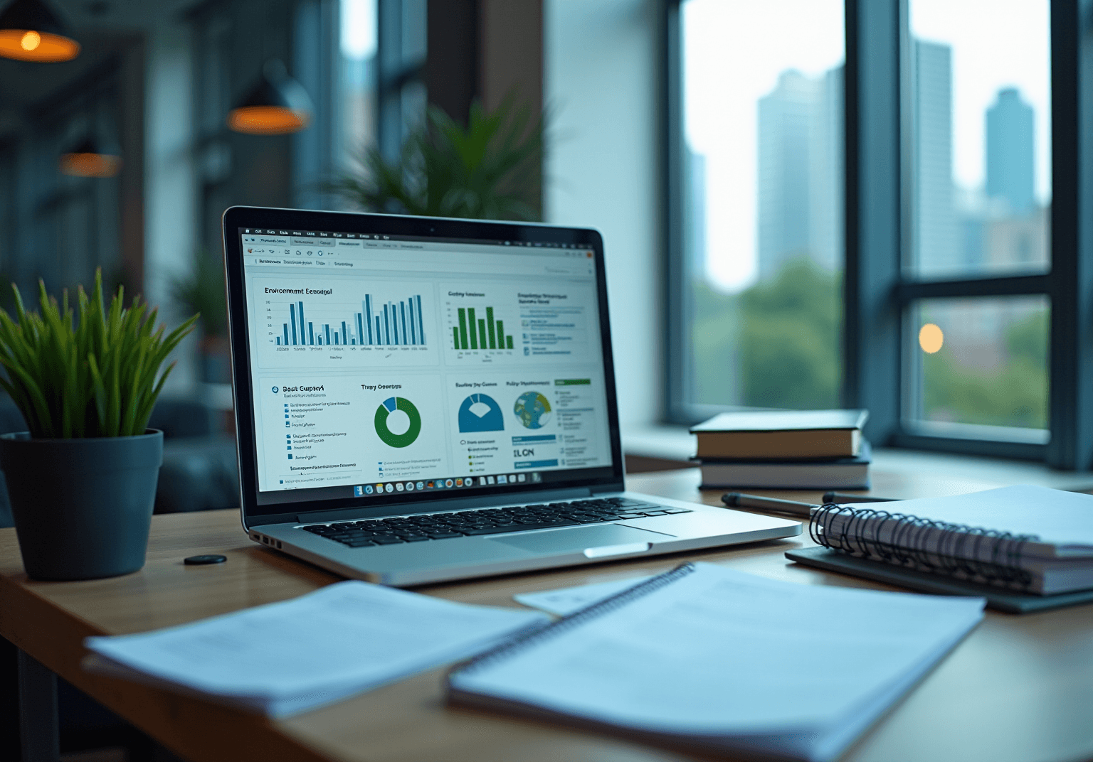 Laptop showing environmental dashboards with bar charts on a desk