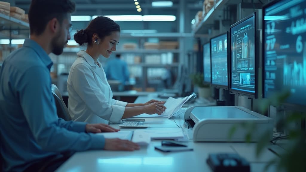Woman reviewing a document beside monitors of data dashboards, in a bright office