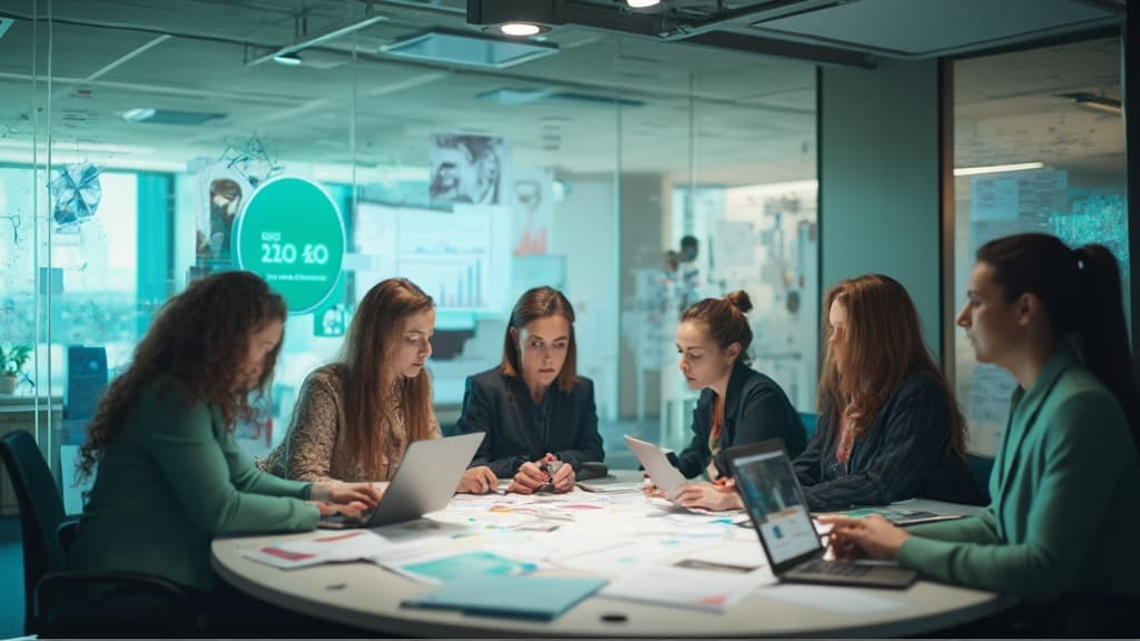 Six colleagues at a round table with laptops and papers, in a glass-walled office