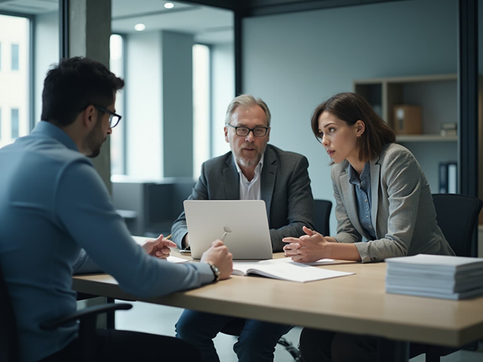 Colleagues discussing documents at a table with a laptop and a stack of papers