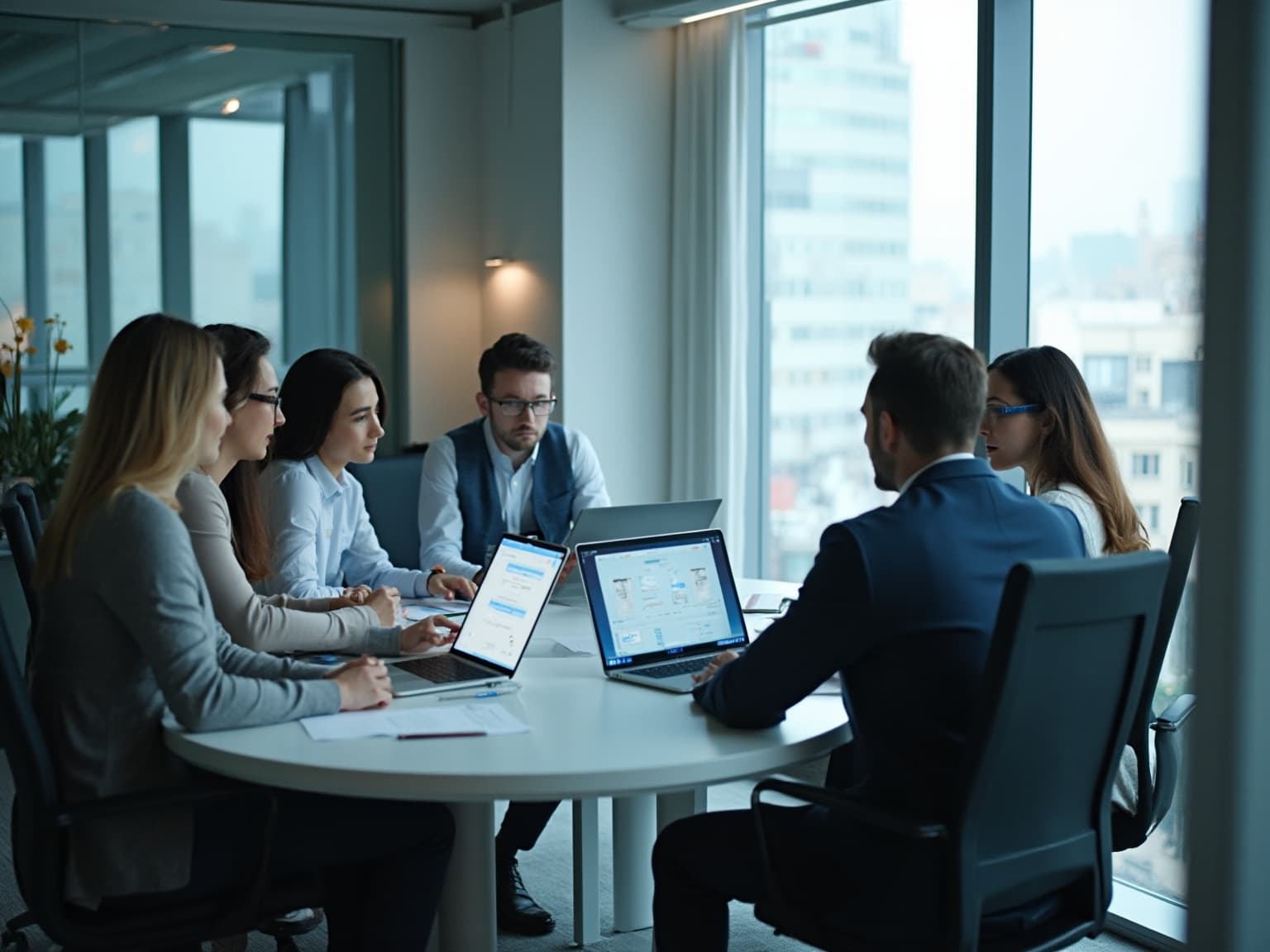 Team around a round table with two laptops showing app screens, one person in a vest leaning in