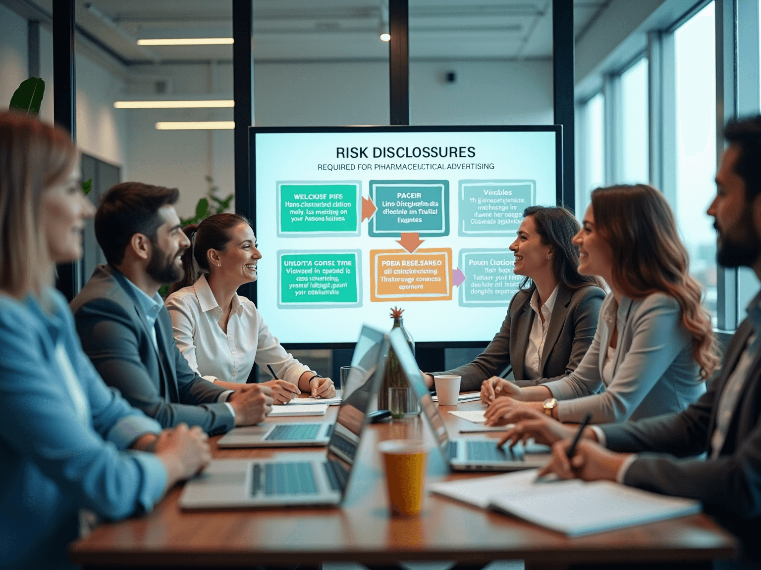 Team in a meeting room facing a screen titled Risk Disclosures, a flowchart of pharma ad requirements
