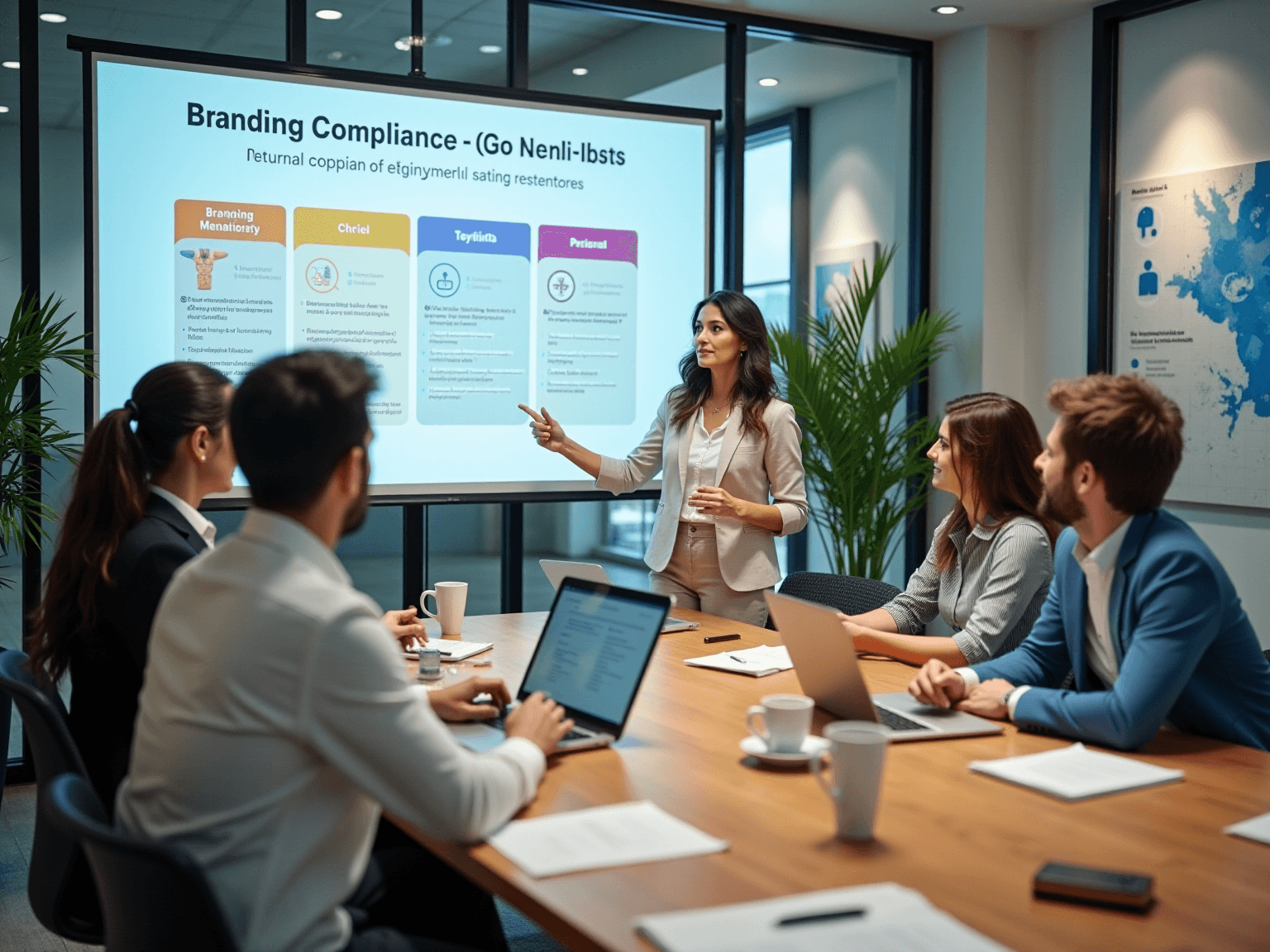 Presenter in a meeting pointing at a screen with four colored columns of branding compliance steps