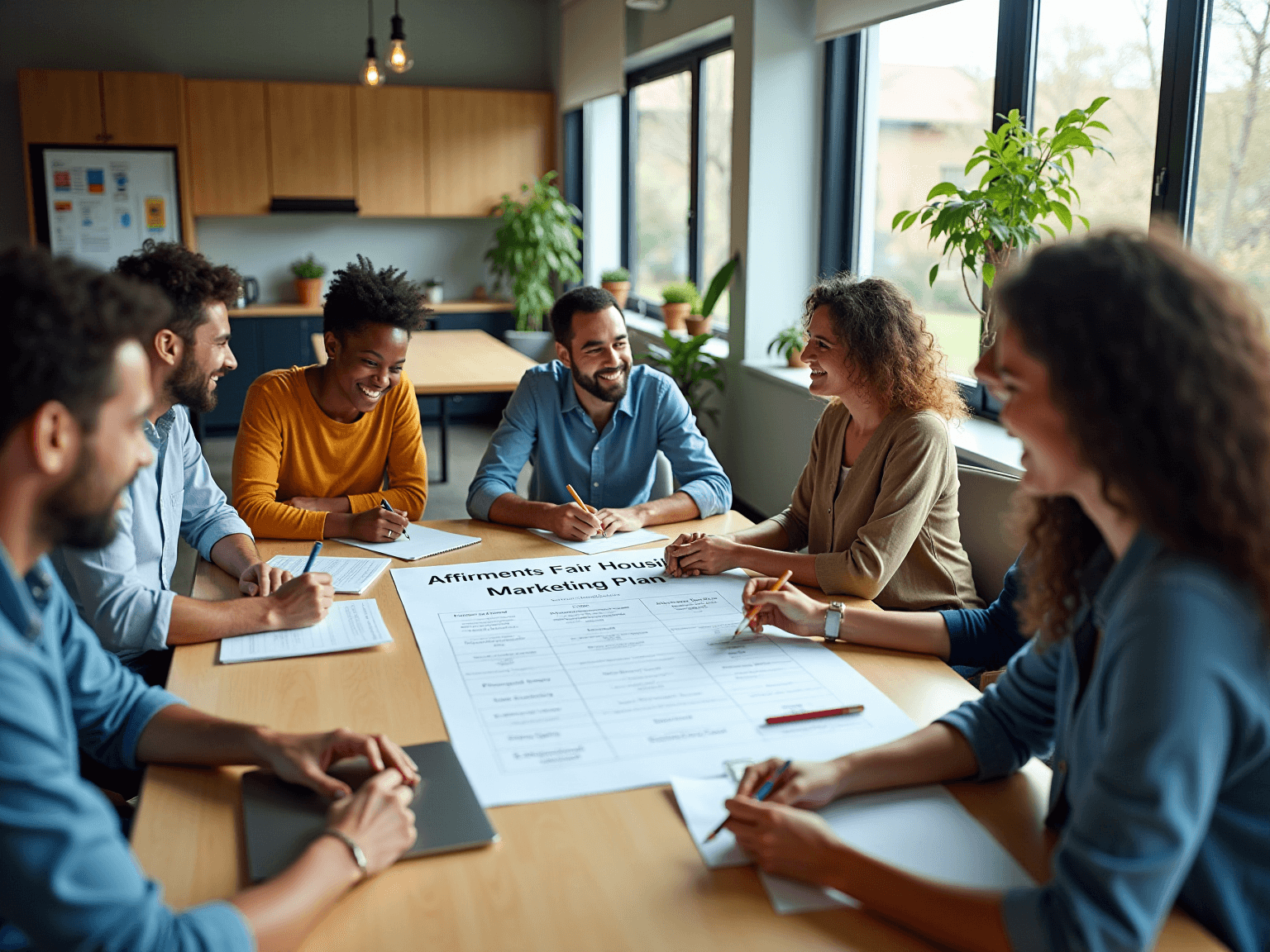 Team at a wooden table around a large Fair Housing marketing plan poster