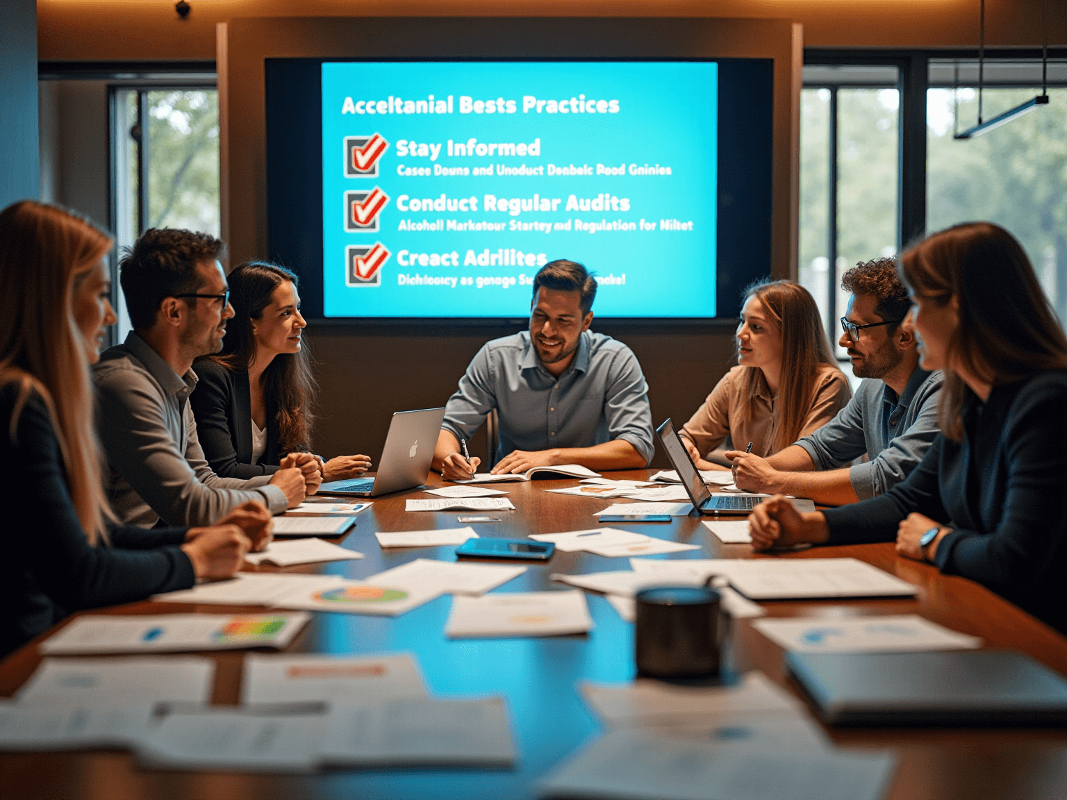 Team around a conference table watching a screen of best practices with checkmarks