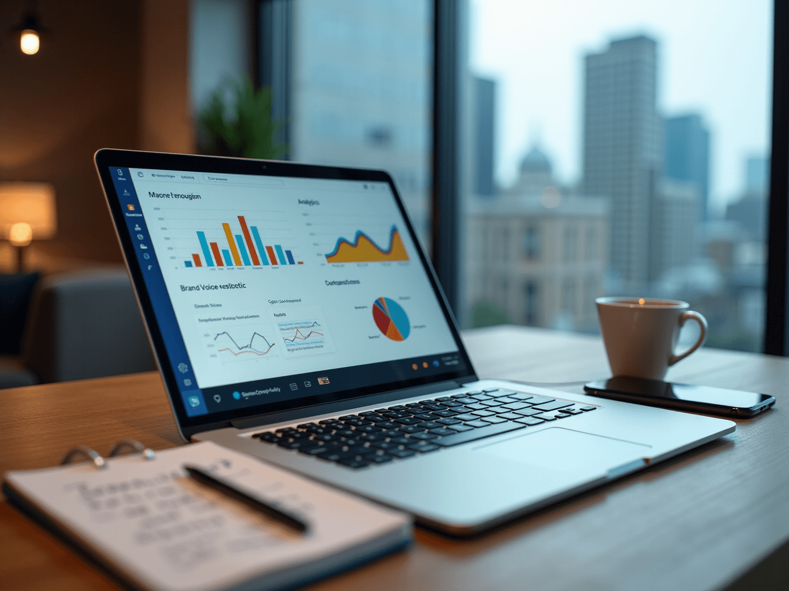 Laptop showing brand voice charts beside a notebook, coffee and a city view