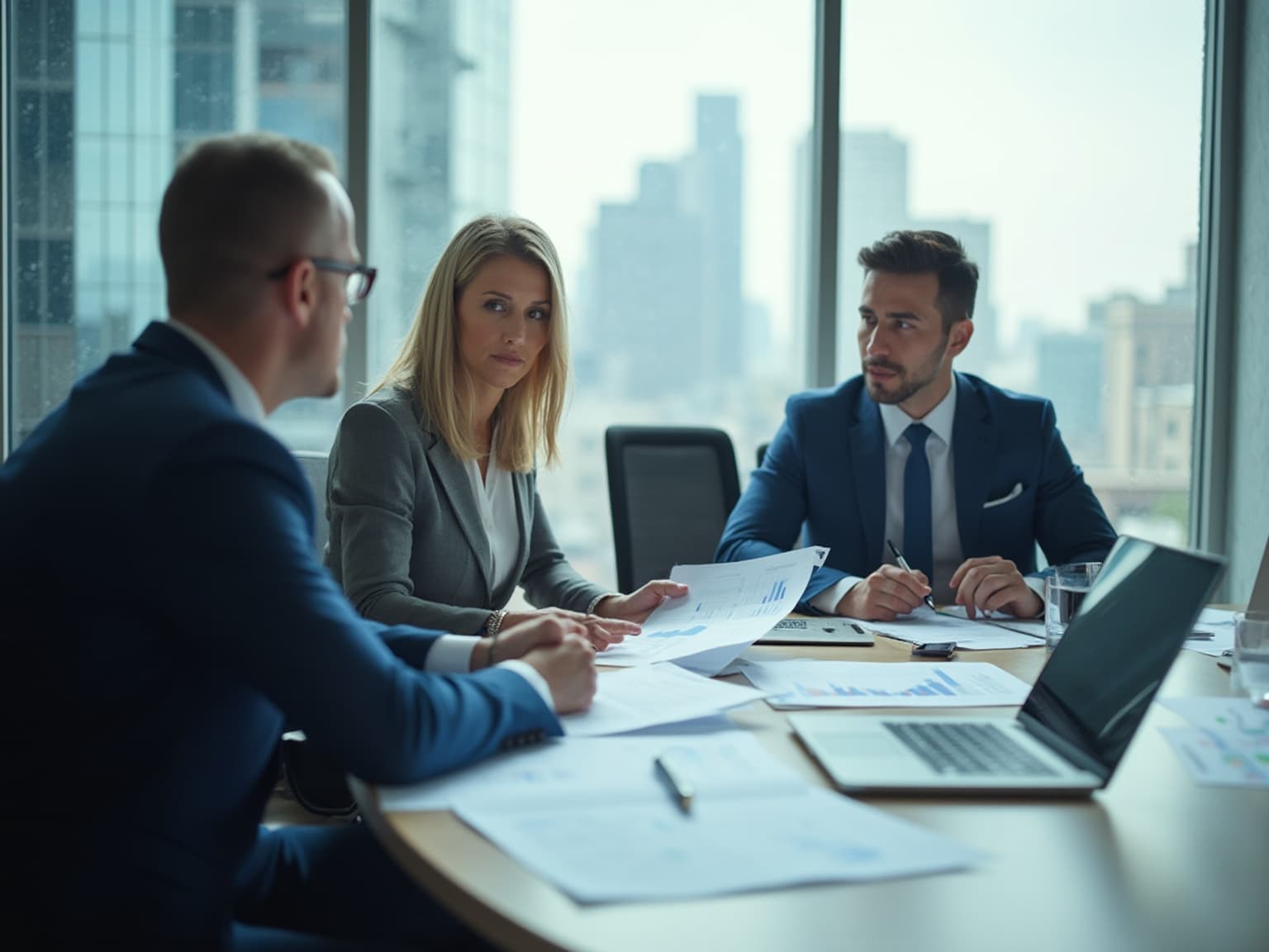 Business team in suits reviewing charts and papers at a table by city windows