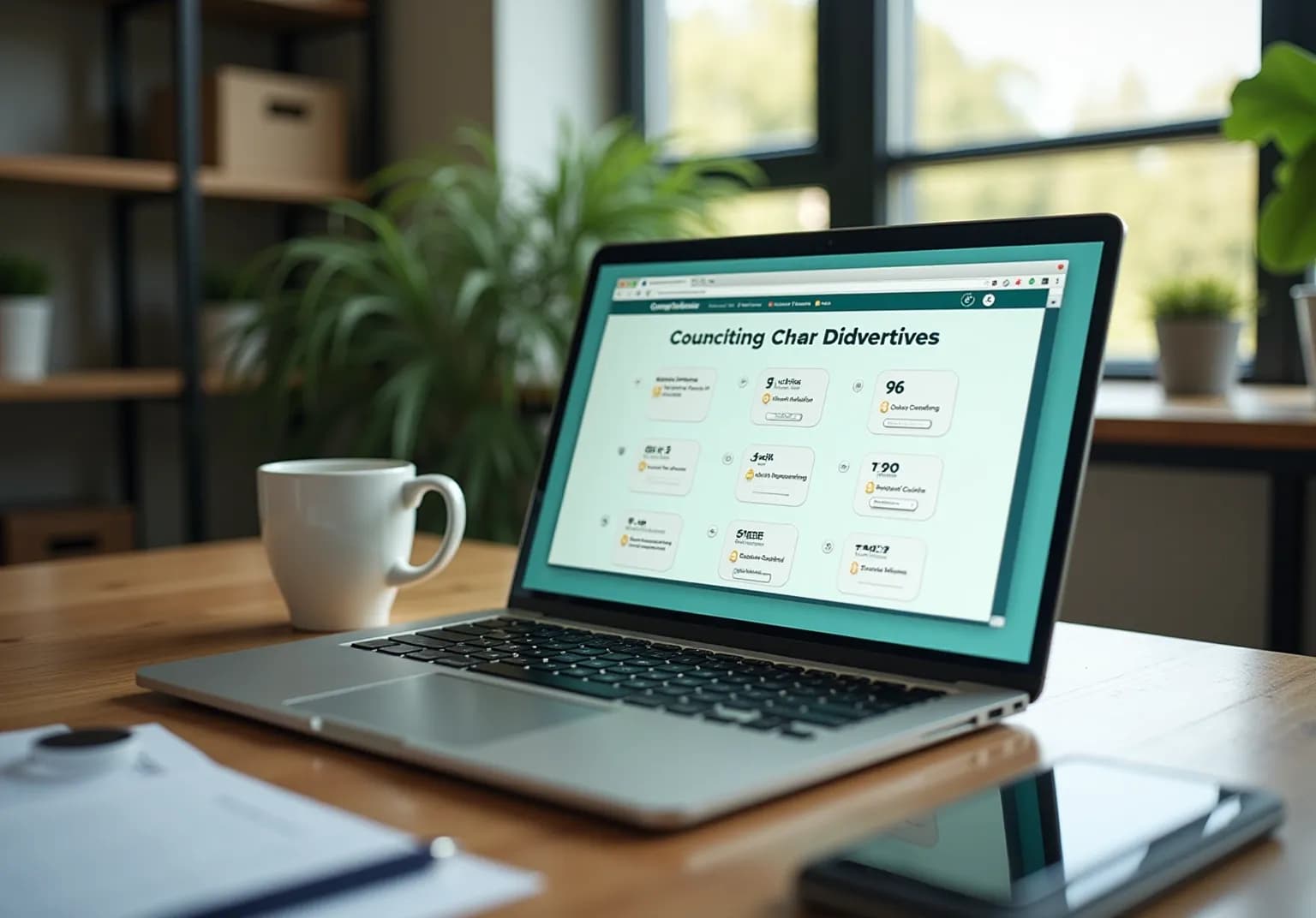 Laptop showing a grid of compliance cards on a desk beside a mug