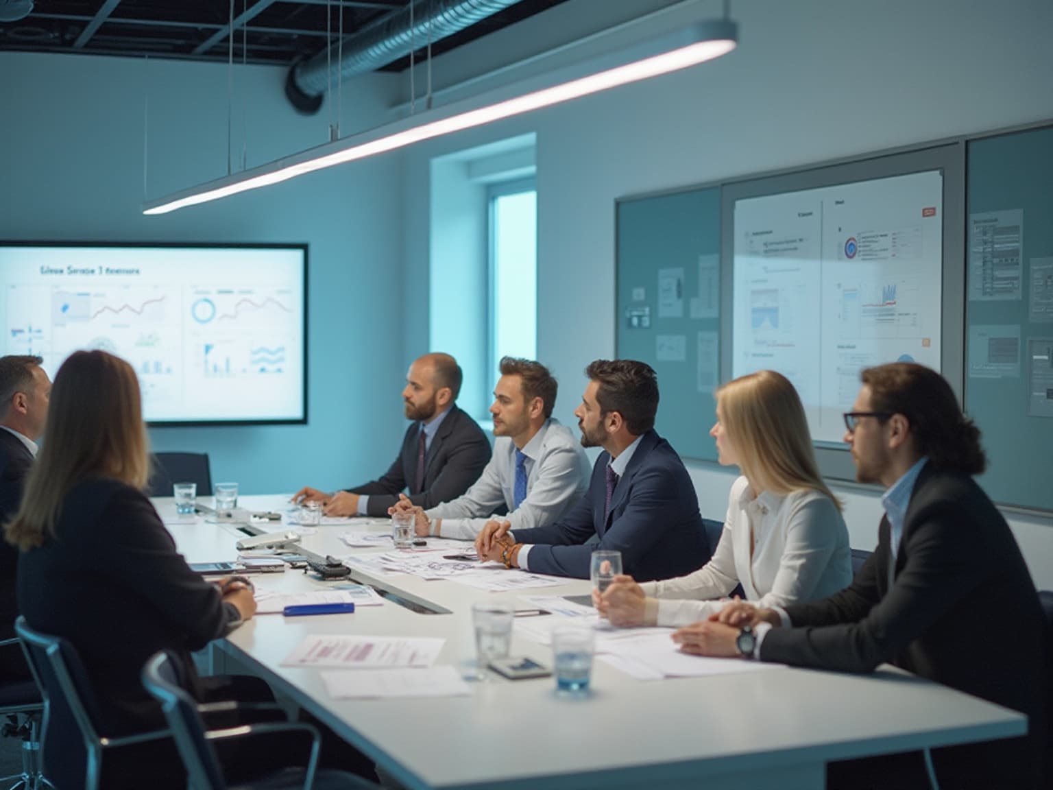 Business team in suits at a conference table in front of wall displays of charts