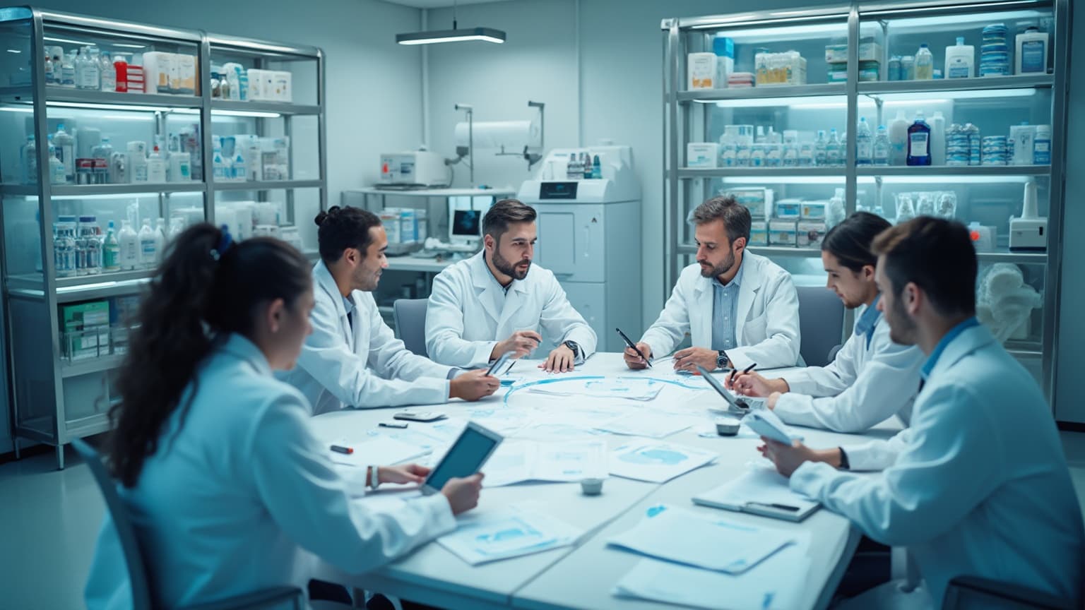Team in lab coats reviewing printed charts at a table in a pharmacy storeroom