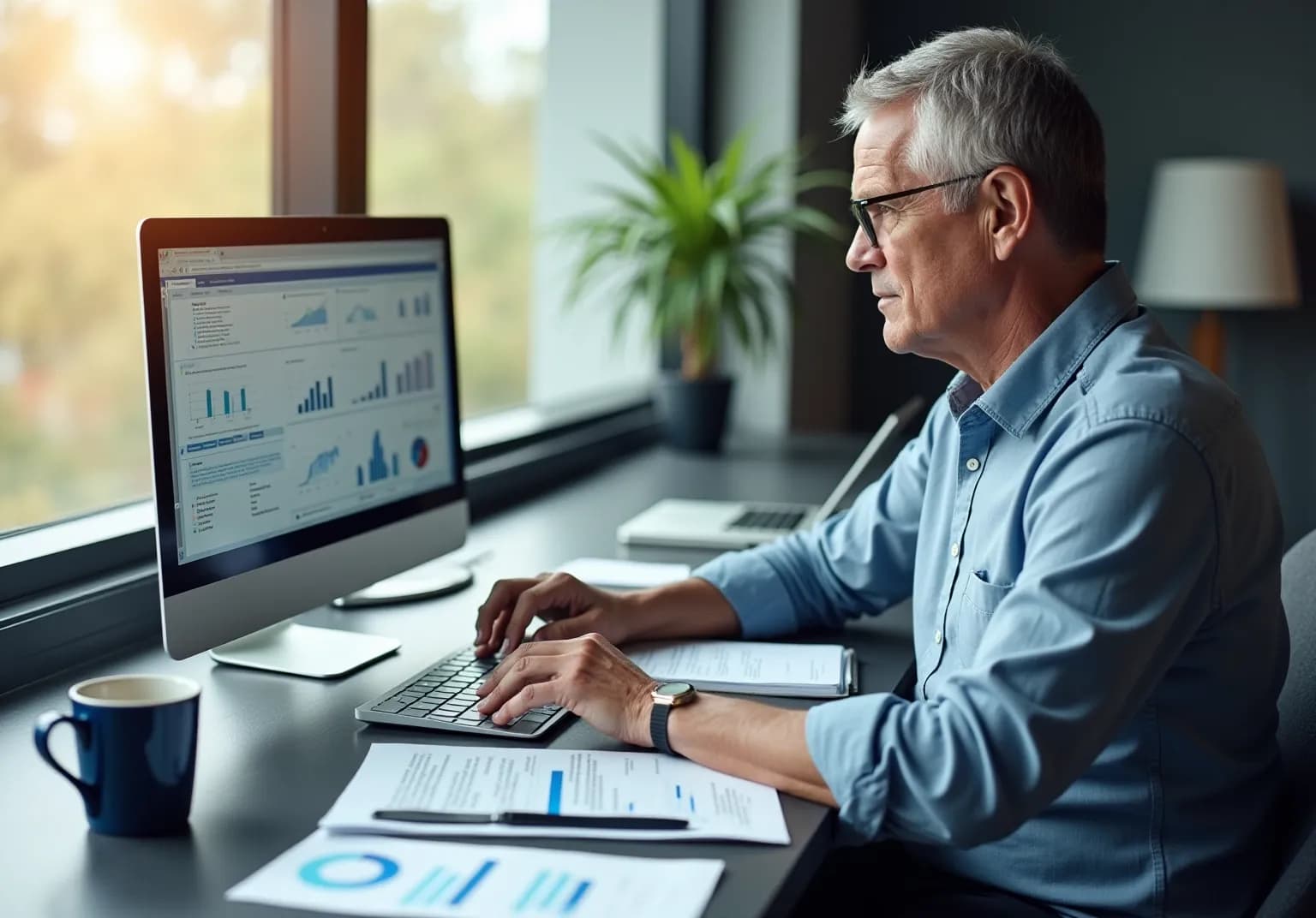 Man at a desk studying a dashboard of charts on a monitor