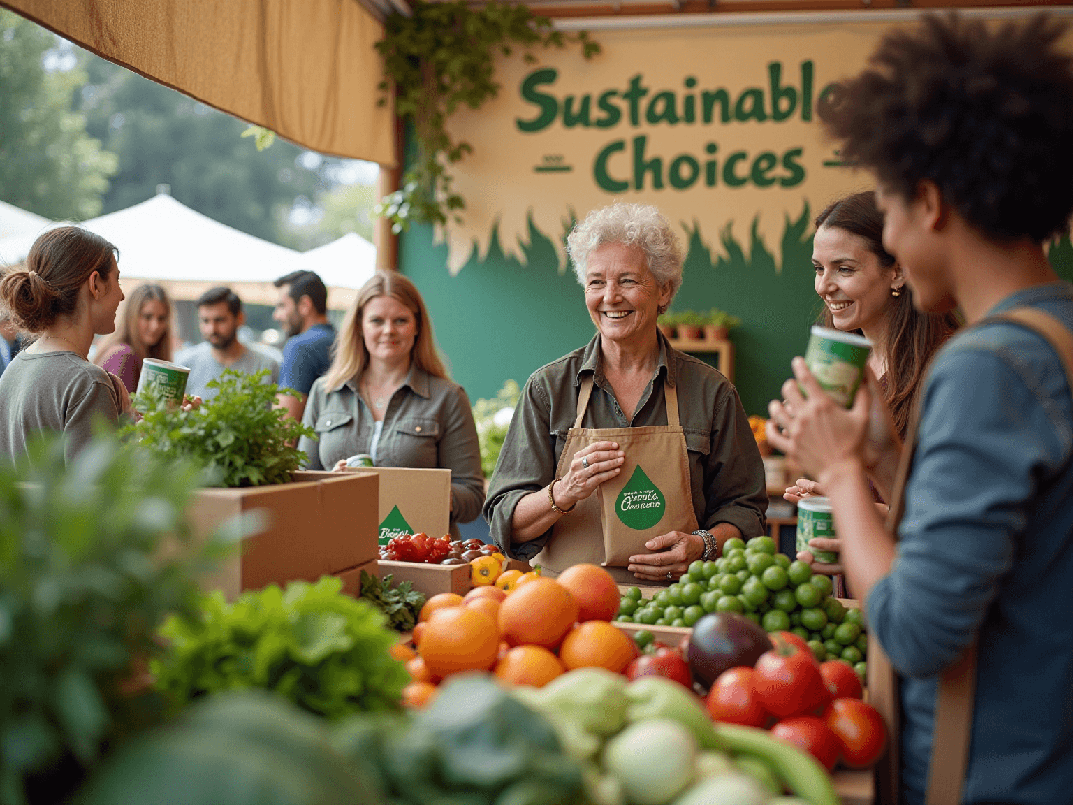 Shoppers and vendors at a market stall of fresh produce under a Sustainable Choices sign
