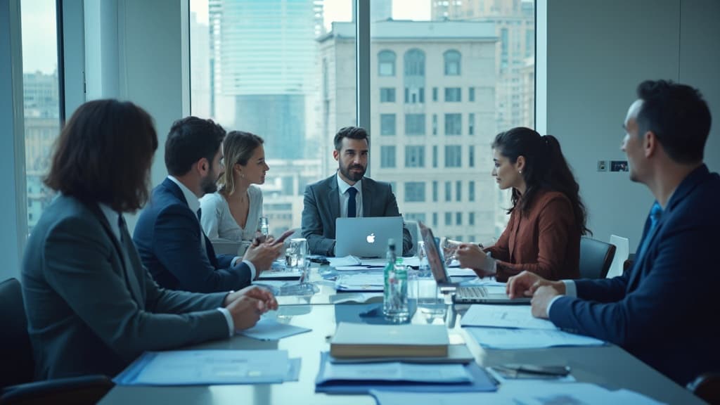 Team at a conference table with papers and a water bottle, with a city view