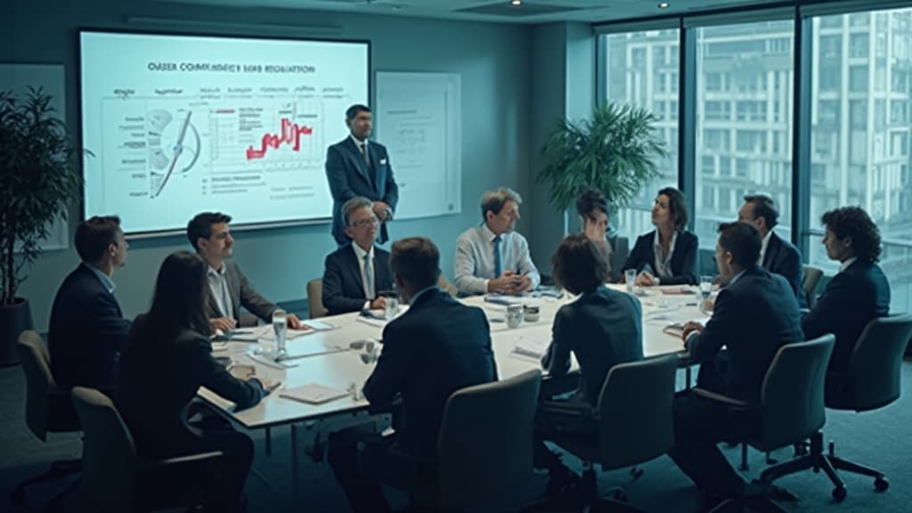 Presenter standing before a regulation chart as a boardroom team listens