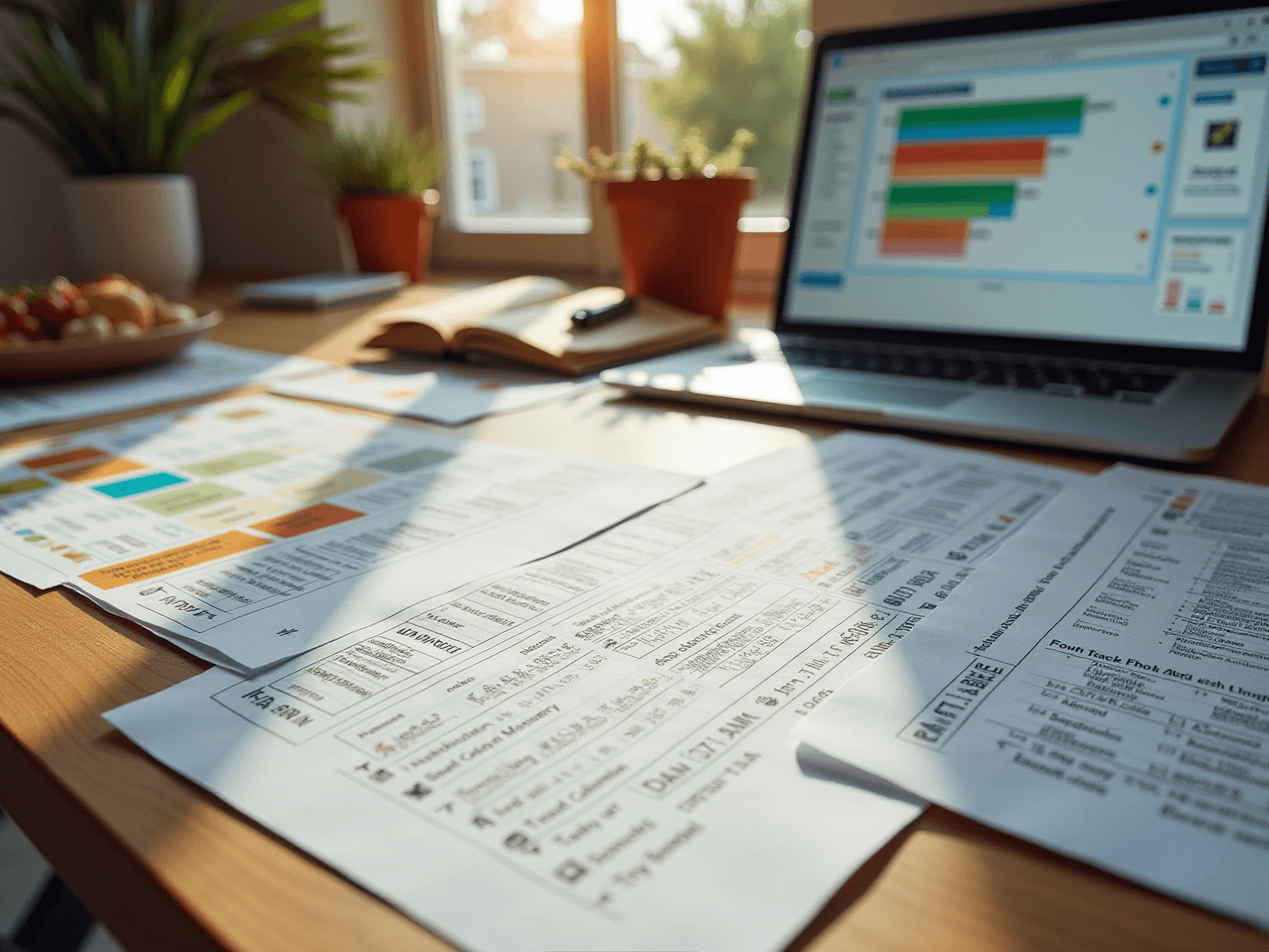 Printed label sheets and a laptop showing a bar chart on a sunlit wooden desk