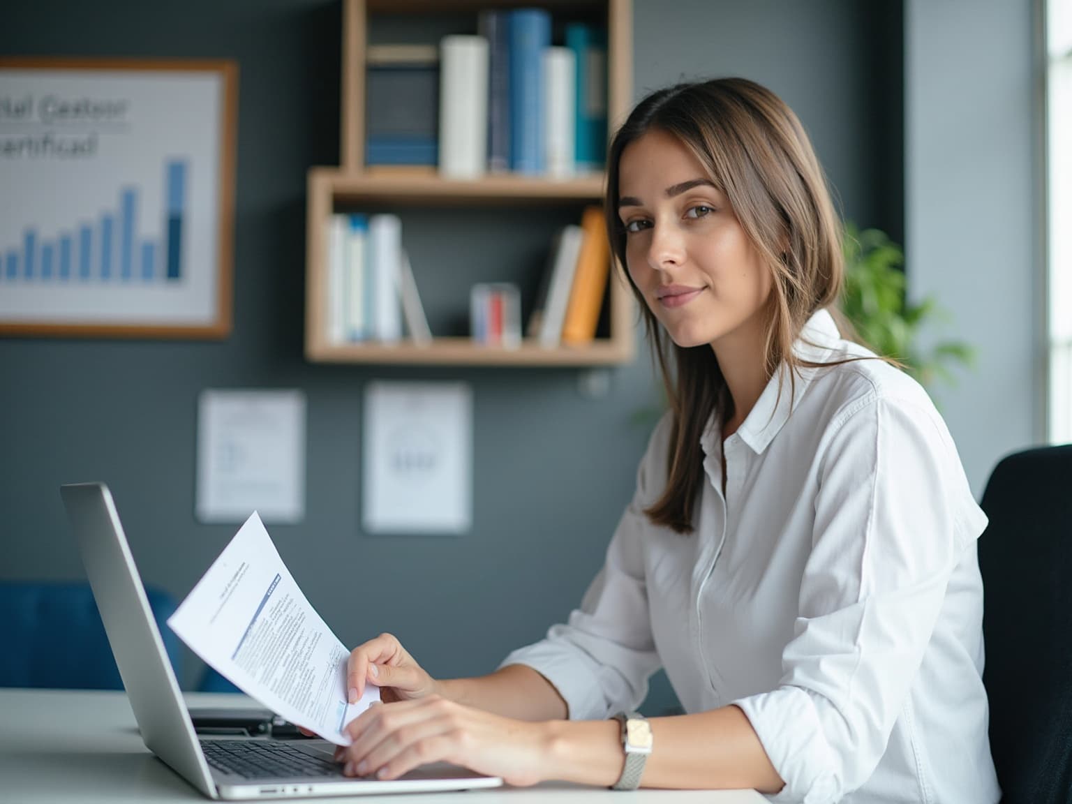 Woman in a white shirt reviewing a document beside a laptop, with a bar chart on the wall