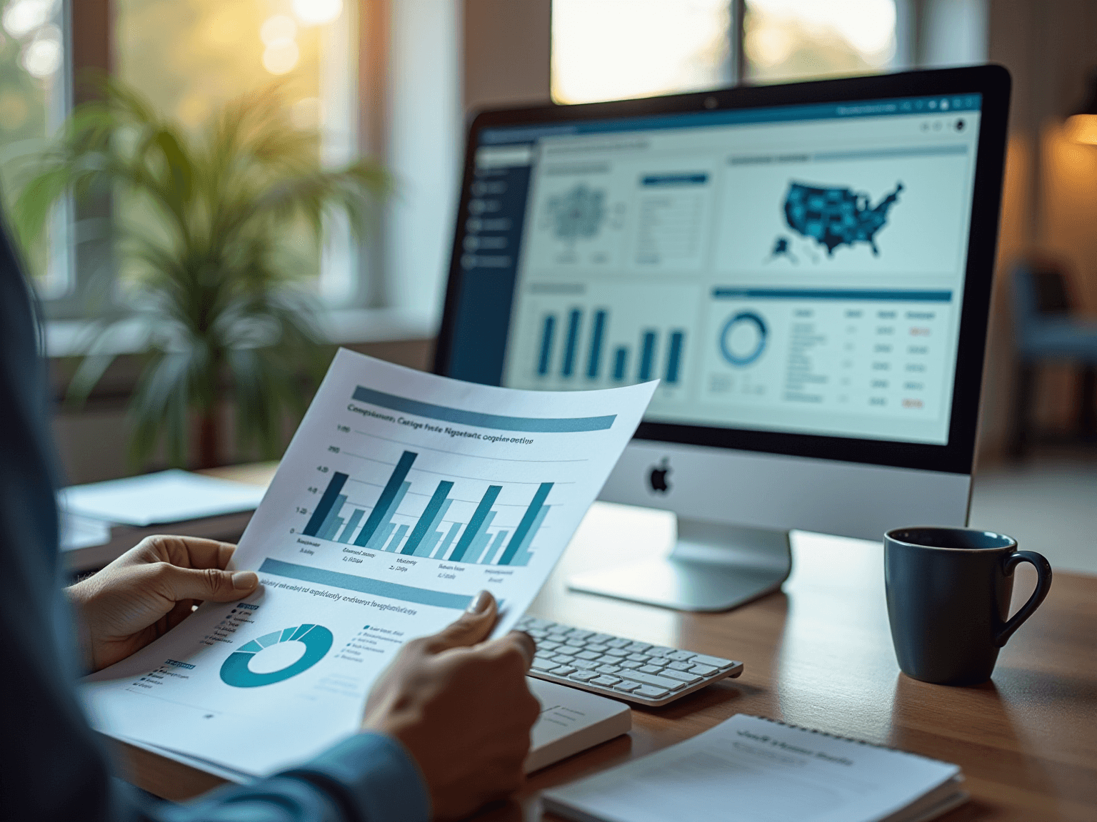 Man holding a printed bar chart in front of a monitor showing a US map and dashboards