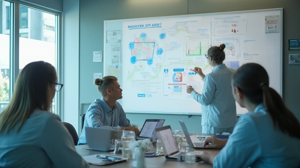 Team in blue shirts at a table with laptops, one woman drawing on a whiteboard of plans