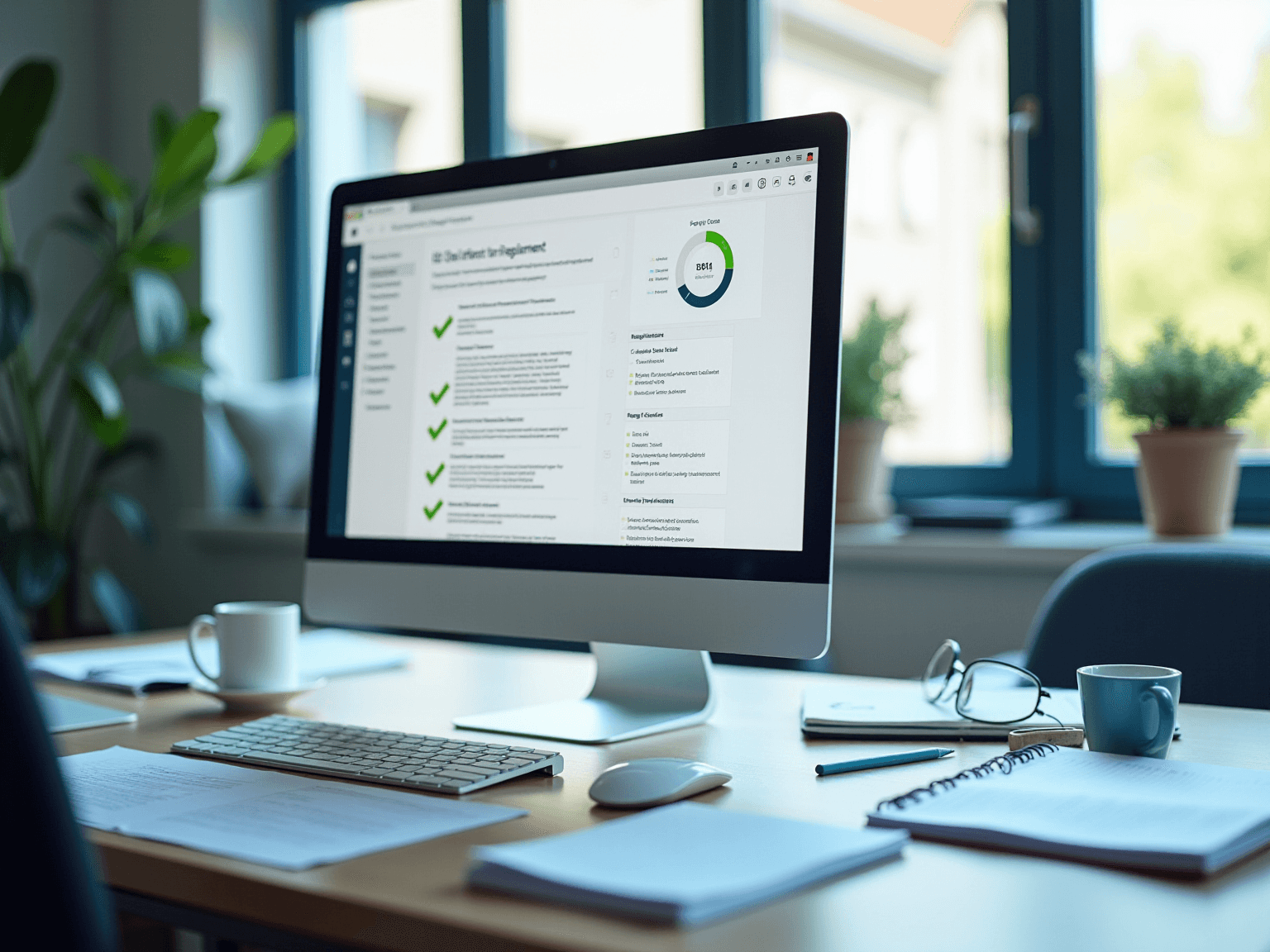 Desktop monitor showing a checklist with green check marks and a score ring beside a coffee mug and notebook