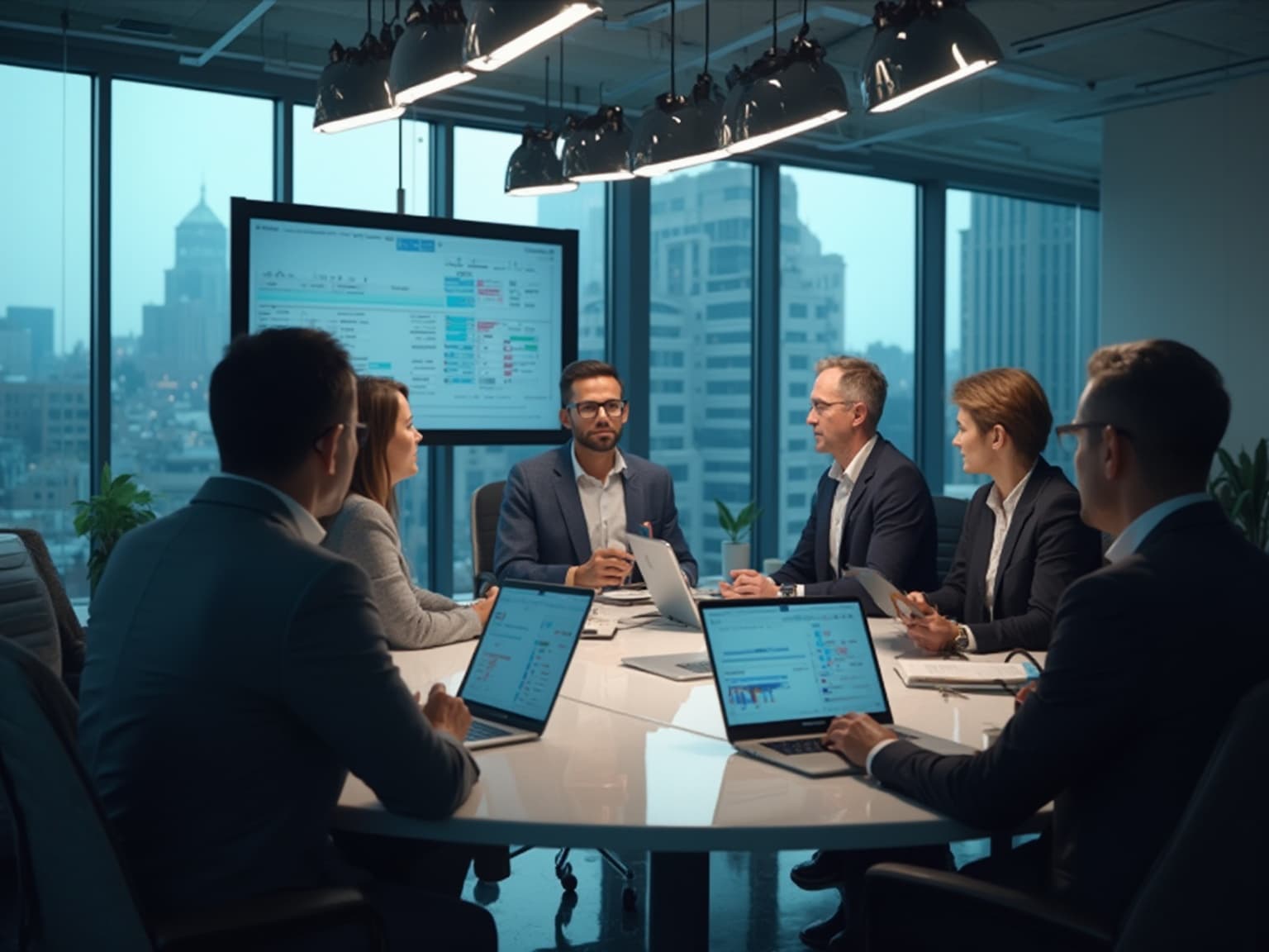 Team at a glass conference table with laptops, facing a wall screen showing a process chart