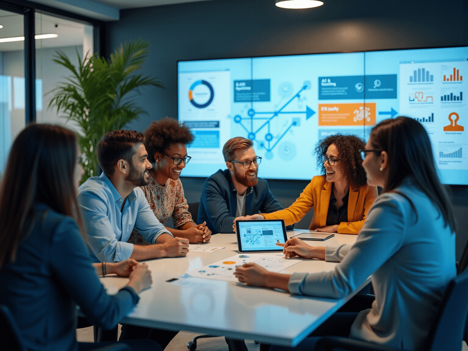 Team around a table with a tablet showing an AI flowchart, with a wall screen of colorful charts