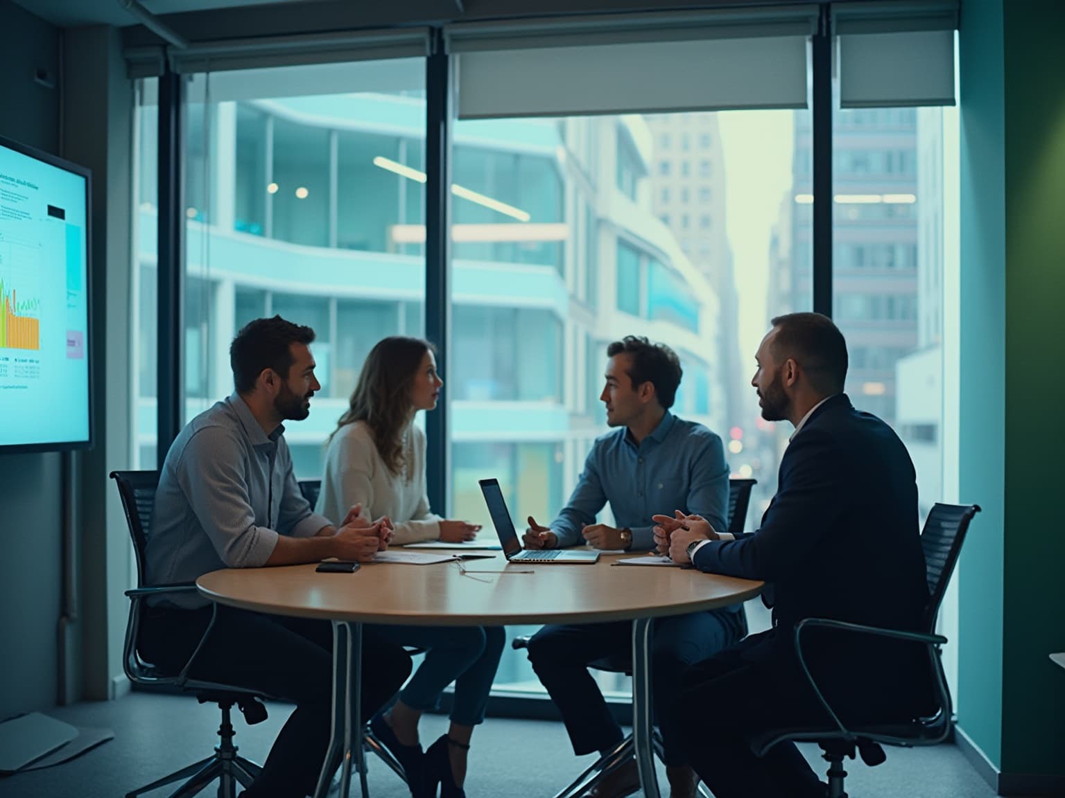 Team at a round table by a window, with a laptop and a wall screen showing bar charts