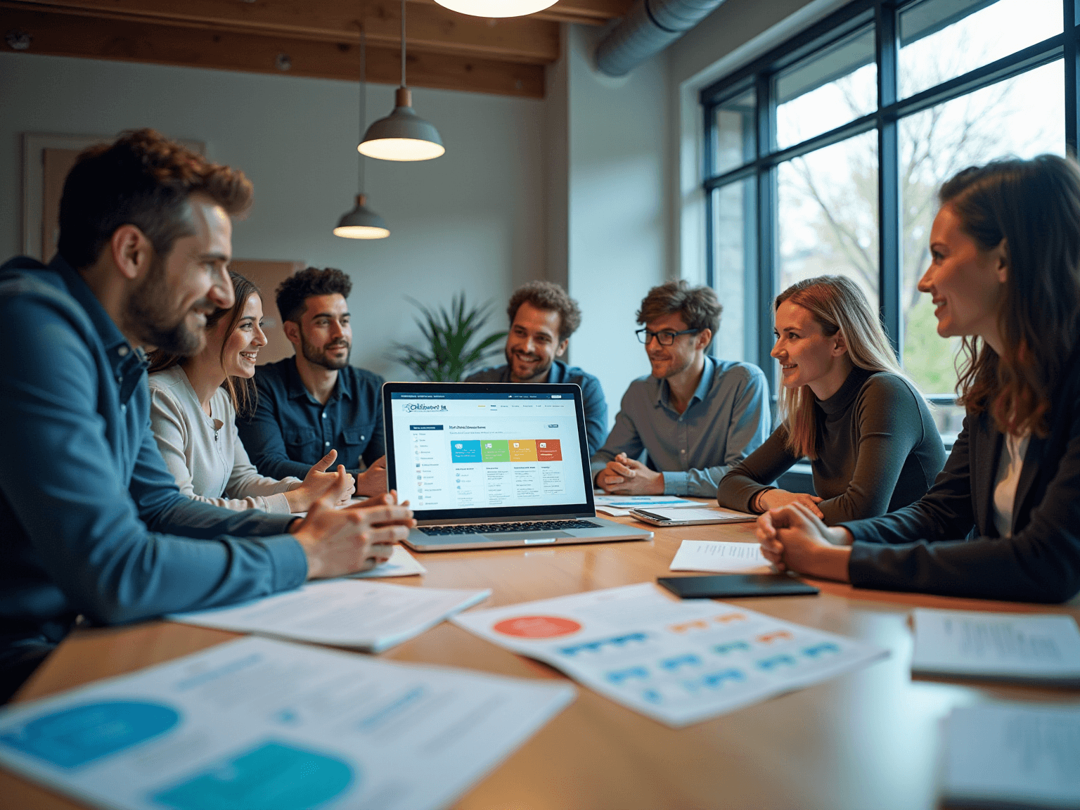 Team around a conference table watching a laptop showing a colorful dashboard