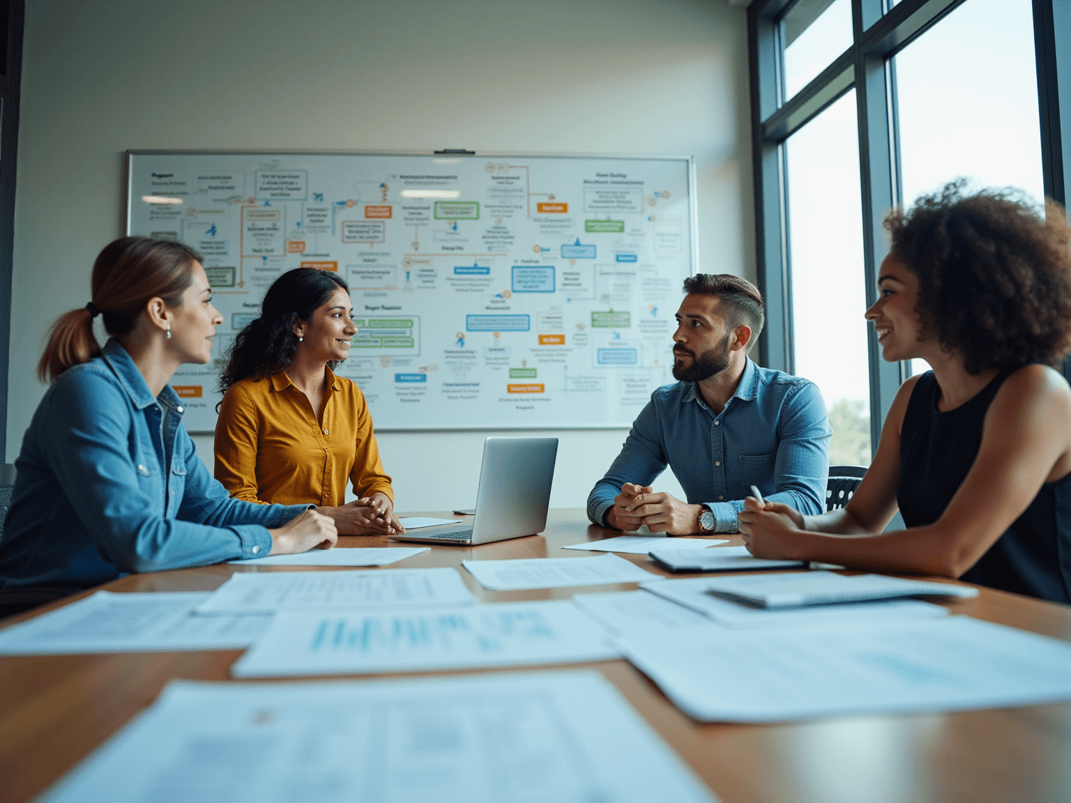 Team in a bright office with a colorful flowchart on the whiteboard behind them
