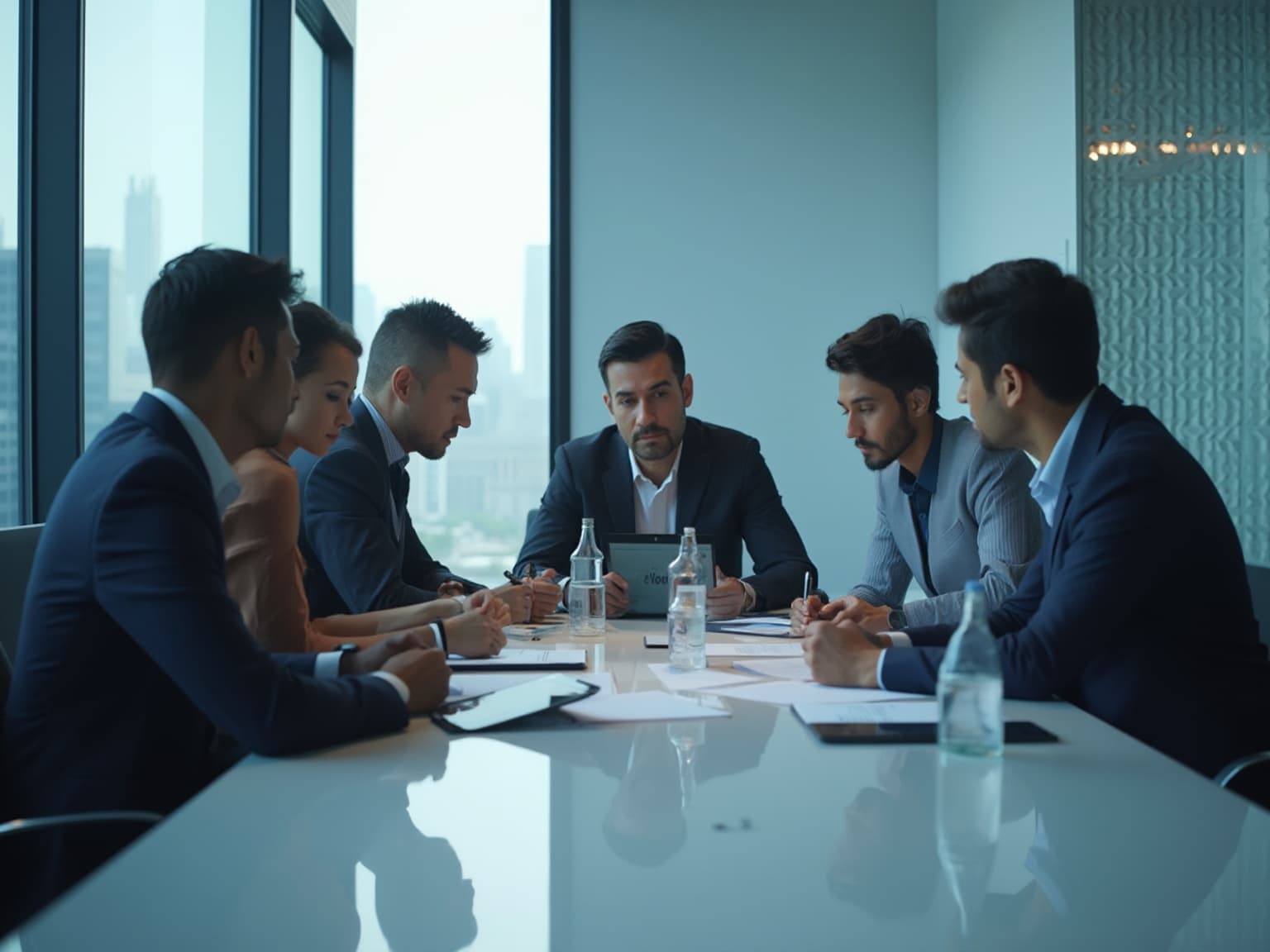 Colleagues at a table with a laptop showing a pie chart, office windows behind