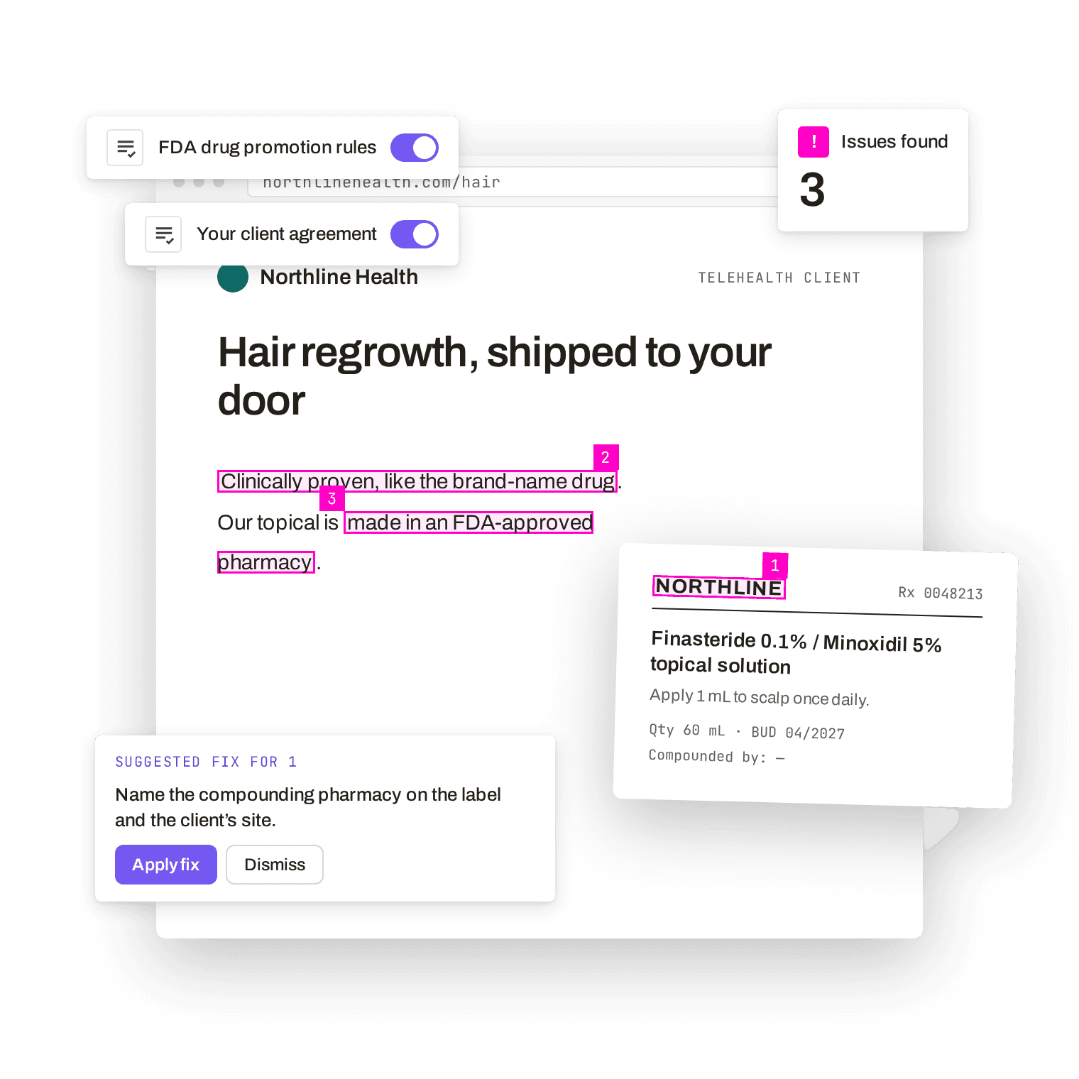 Telehealth client page and prescription label with sourcing and equivalence claims flagged
