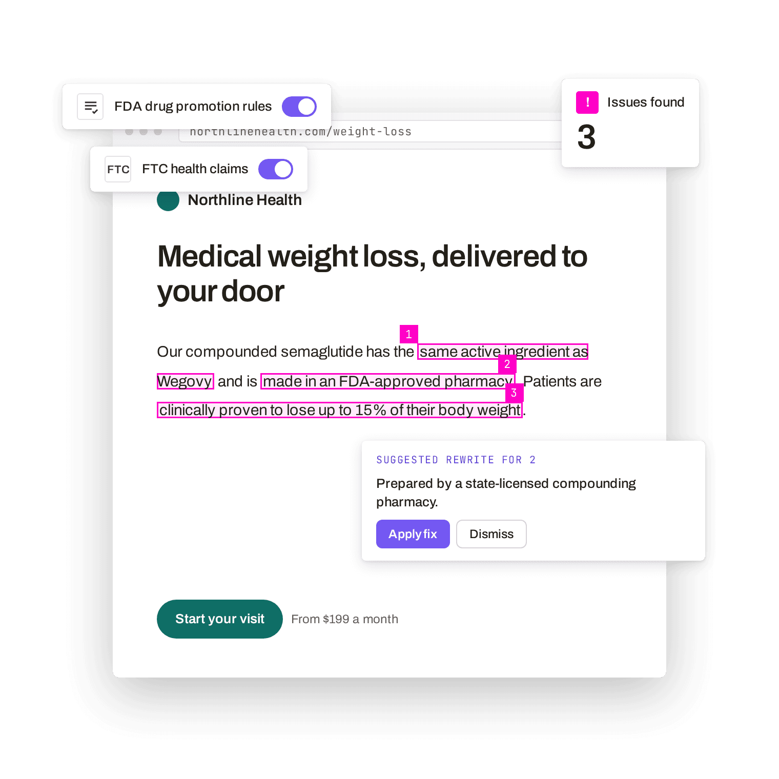 Telehealth landing page with three GLP-1 claims flagged by Inspack.