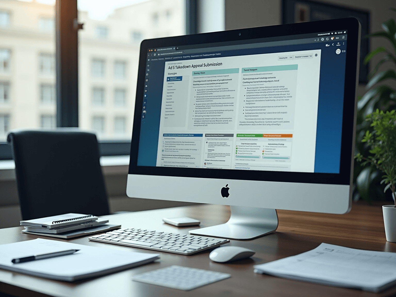 Desktop monitor showing an ad takedown appeal submission page on a desk with a keyboard and notebook