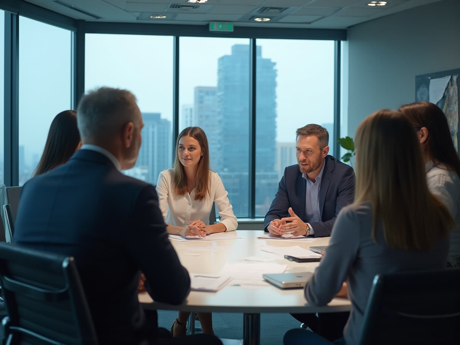 Executives in a boardroom overlooking city towers, one speaking across the table