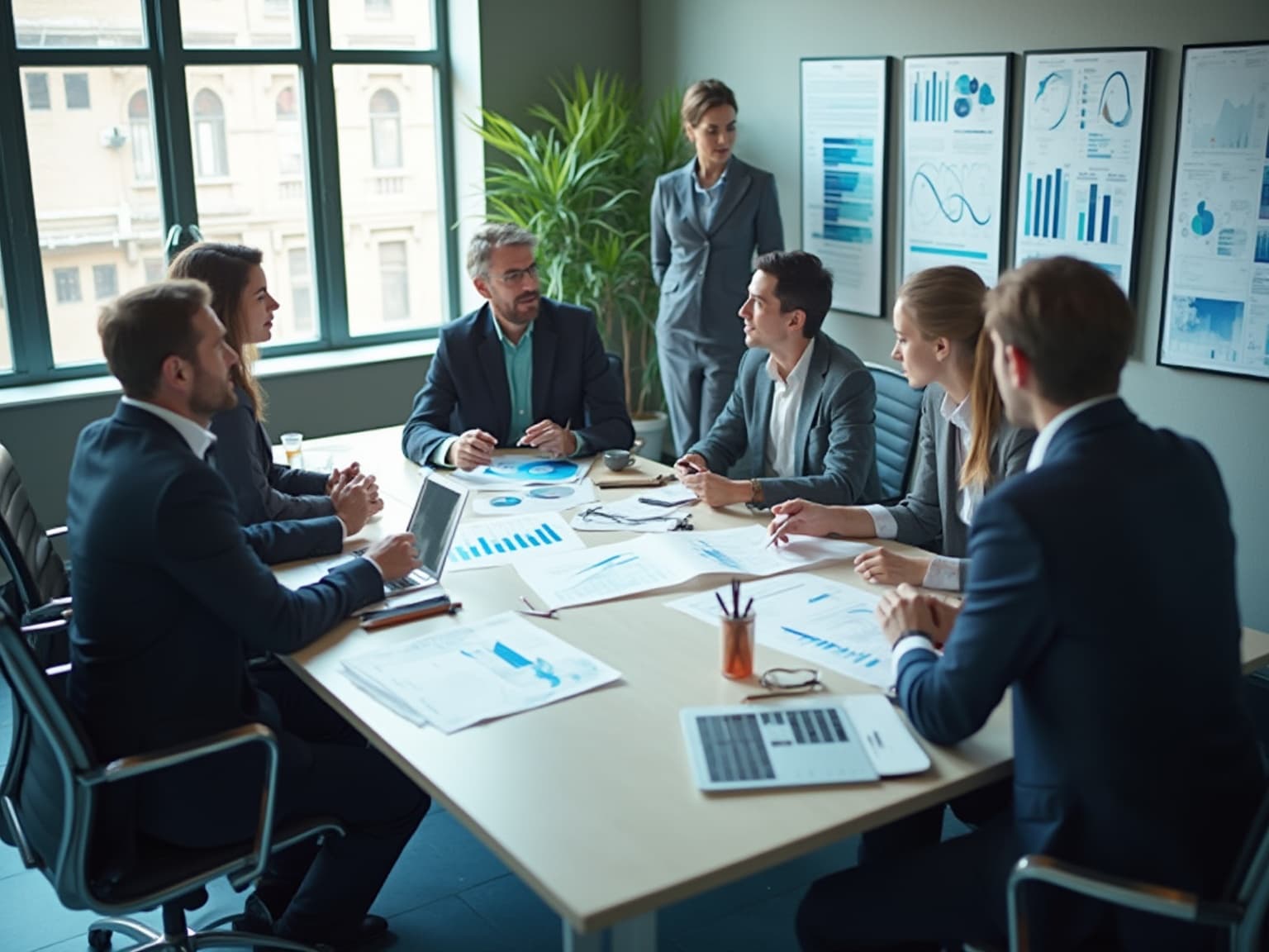 Team around a conference table with printed charts, a woman standing beside framed chart posters