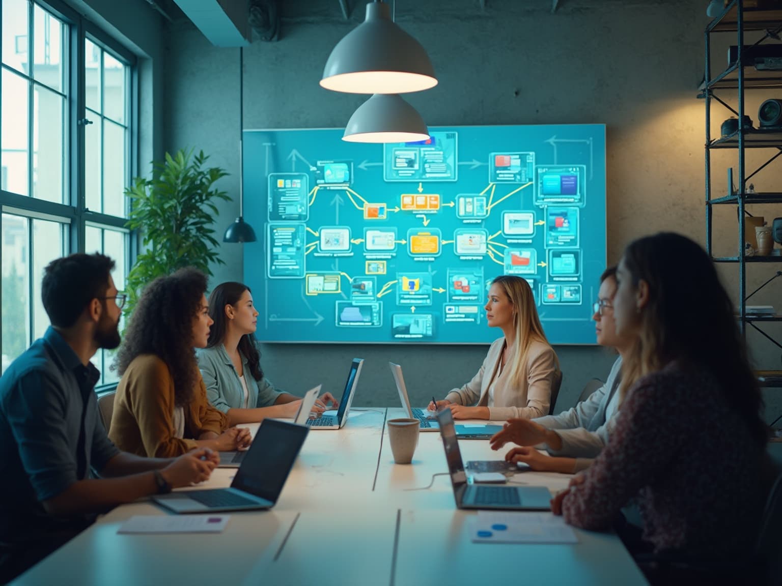 Team in a meeting room with laptops watching a teal wall screen of connected ad-format panels and arrows