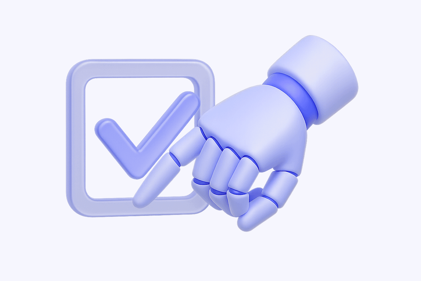 Robot hand beside a checkbox with a checkmark on a pale background